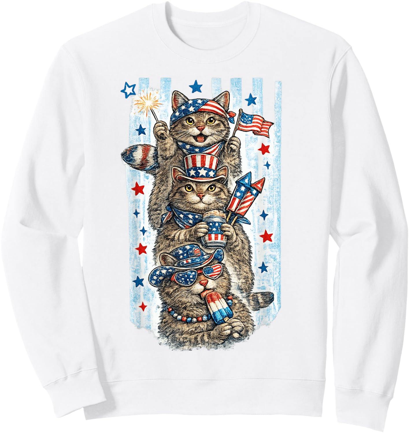 Funny USA Party Cats Vintage Patriotic Animal Fireworks Sweatshirt - Sweatshirt | White