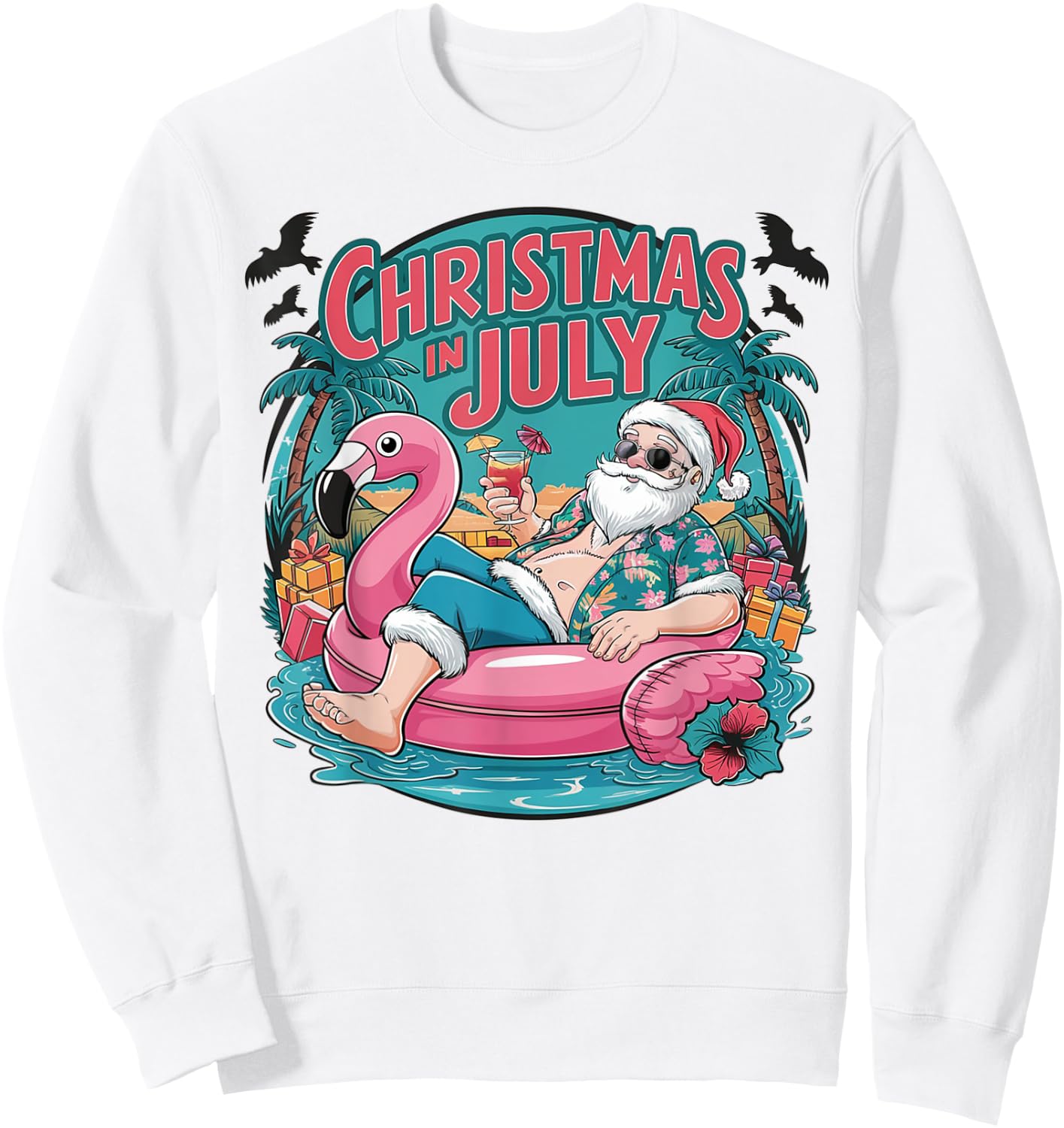 Funny Santa Flamingo Christmas In July Summer Xmas Women Kid Sweatshirt - Sweatshirt | White