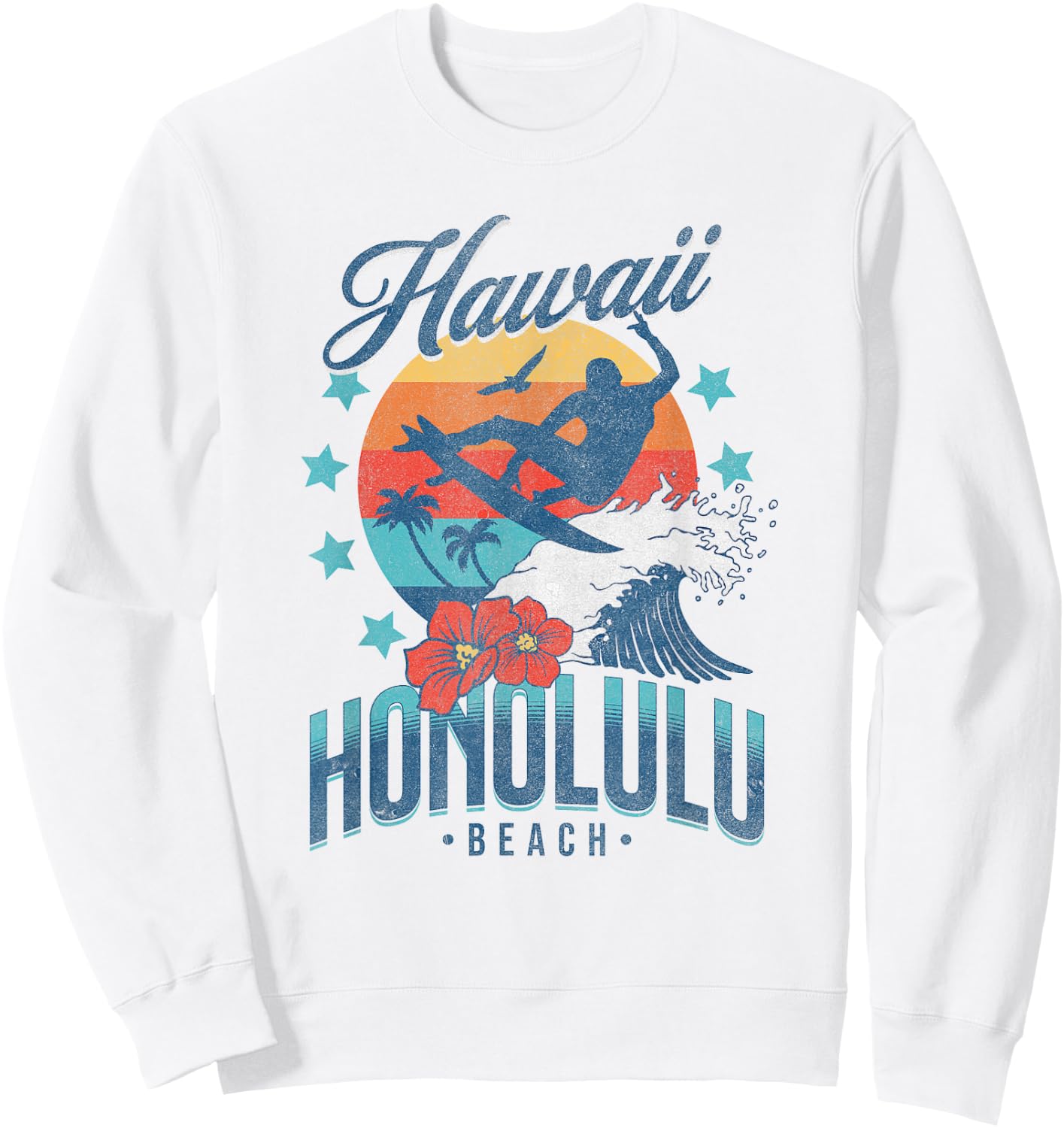 Honolulu Beach Hawaii Surfing Vintage Hawaiian Retro Surf Sweatshirt - Sweatshirt | White