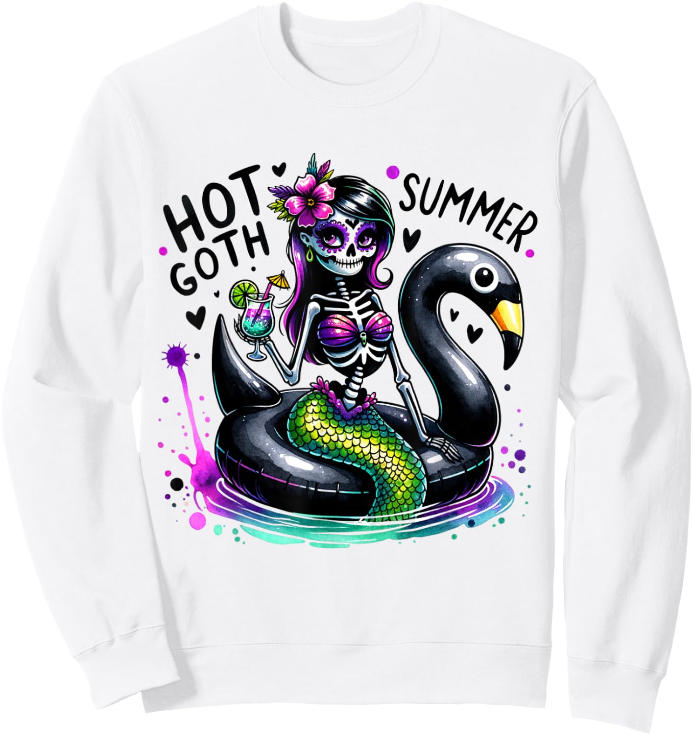 Goth Ghoul Summer Mermaid Skeleton Summerween Pool Party Sweatshirt - Sweatshirt | White