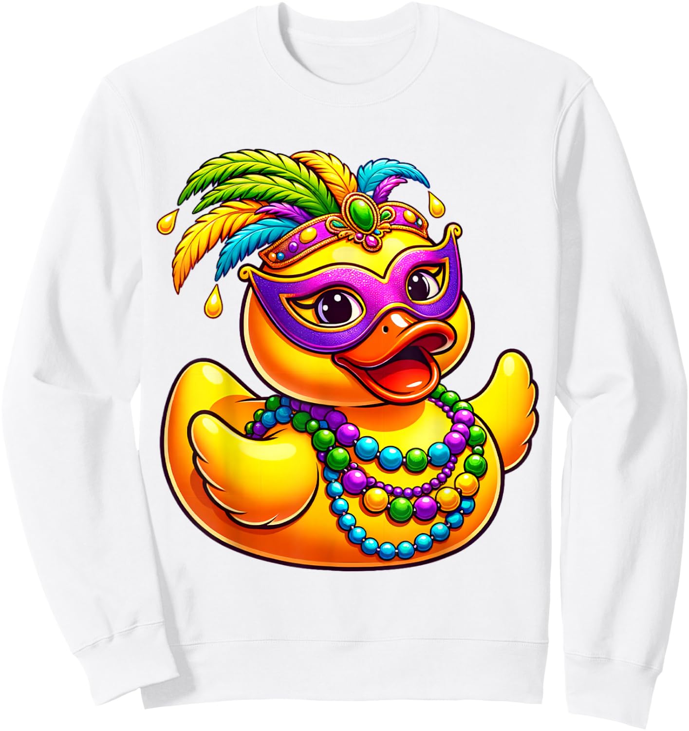 Mardi Gras Duck Wearing Mardi Gras Costume Beads Mask Sweatshirt - Sweatshirt | White