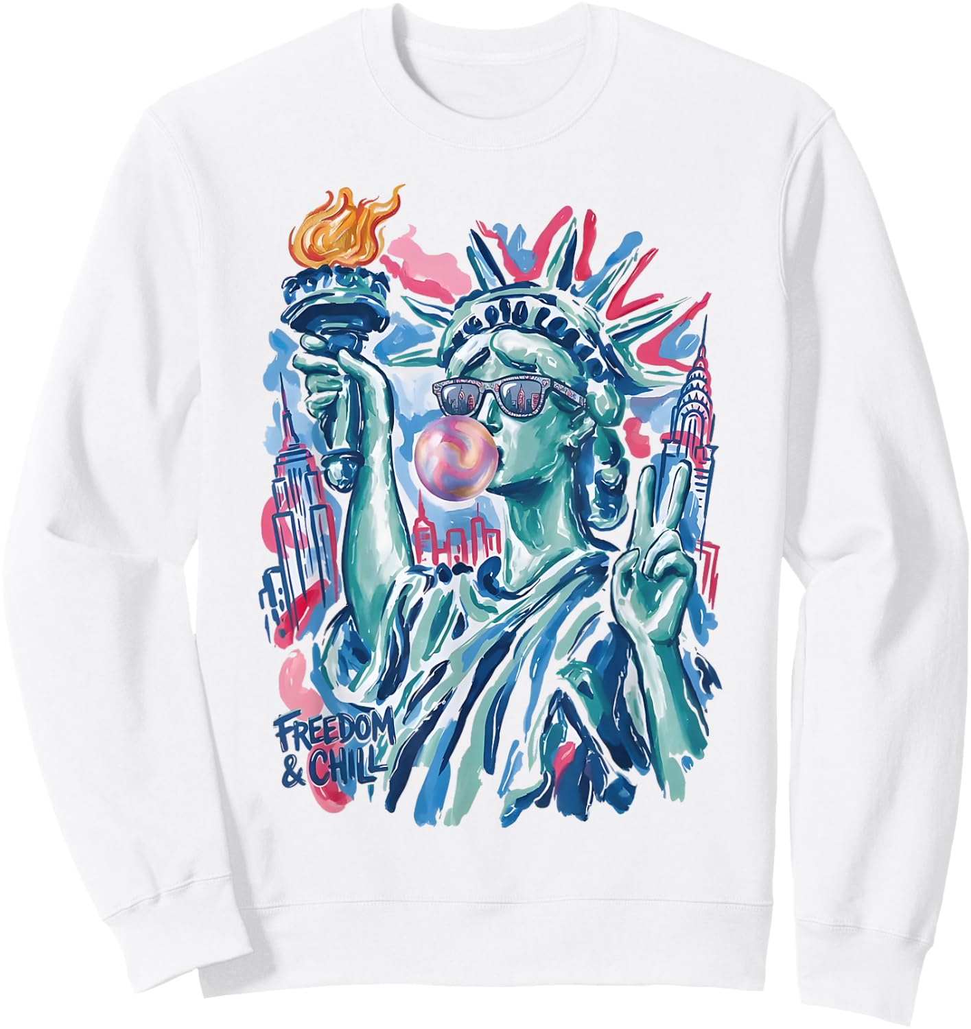 Preppy Statue of Liberty Blowing Bubble Gum 4th of July Sweatshirt - Sweatshirt | White