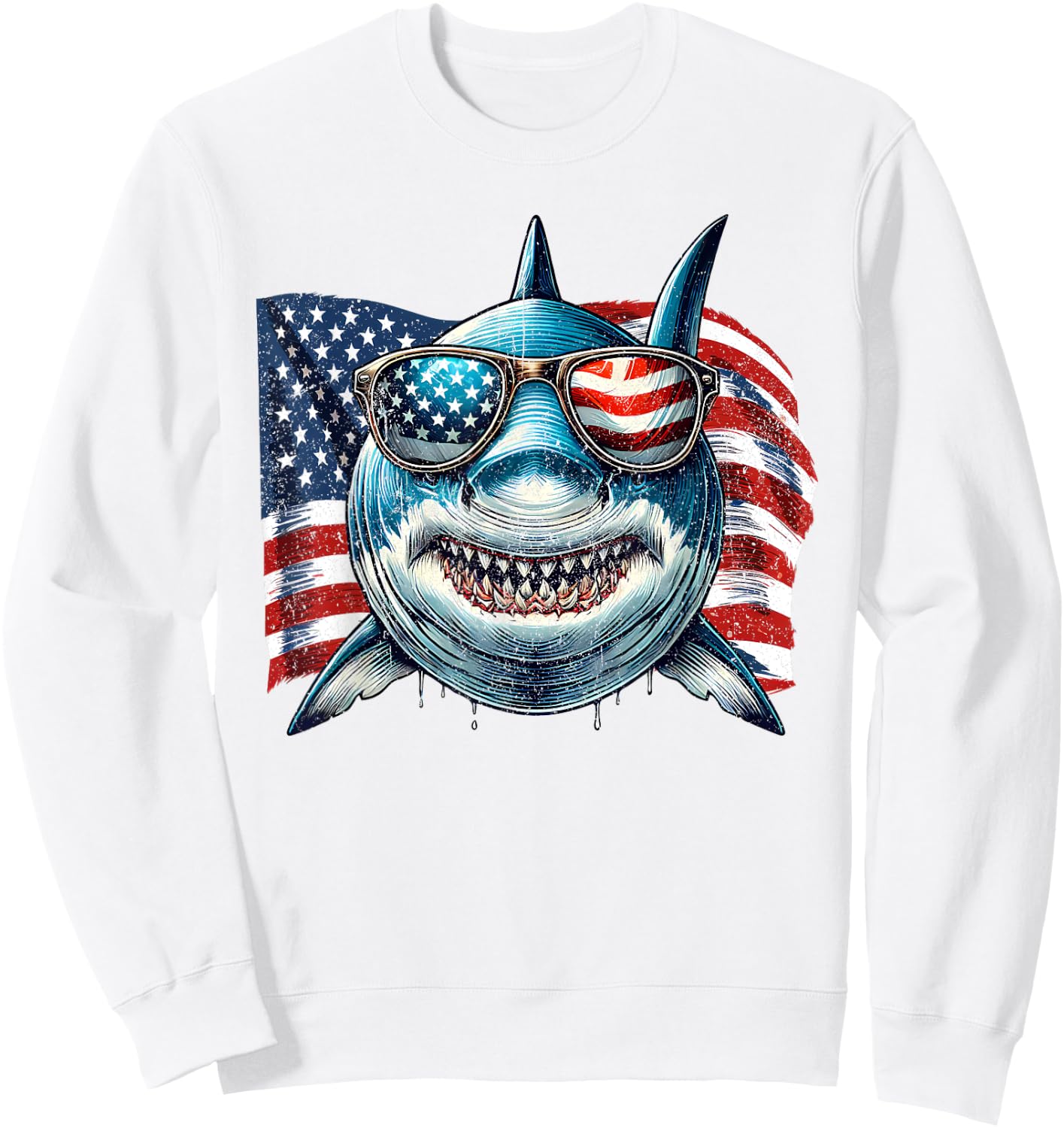 Vintage Shark Lovers US Flag Animals Patriotic Sunglasses Sweatshirt - Sweatshirt | White