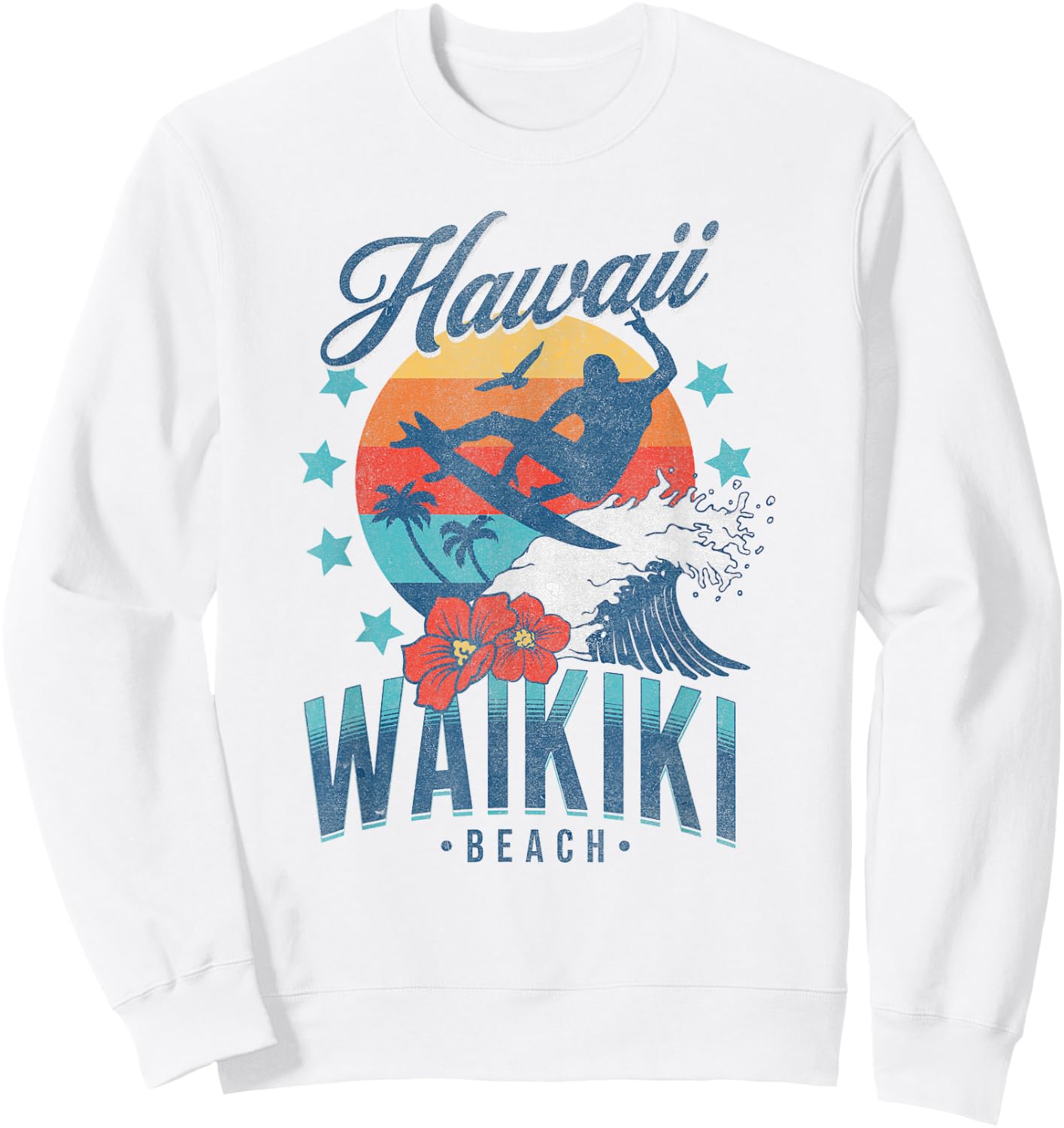 Waikiki Beach Hawaii Surfing Vintage Hawaiian Retro Surf Sweatshirt - Sweatshirt | White