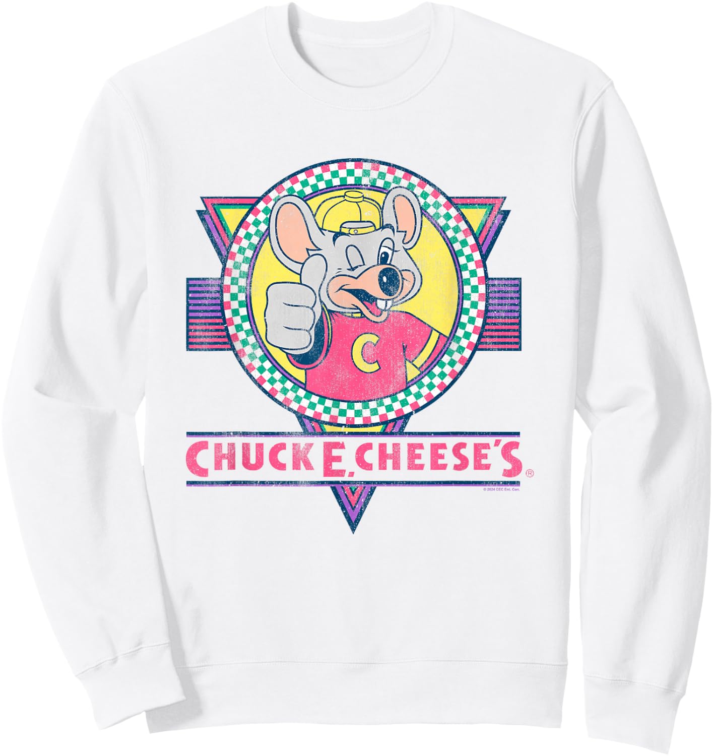 Chuck E. Cheese Winking Thumbs Up Logo Distressed , white, S Sweatshirt - Sweatshirt | White