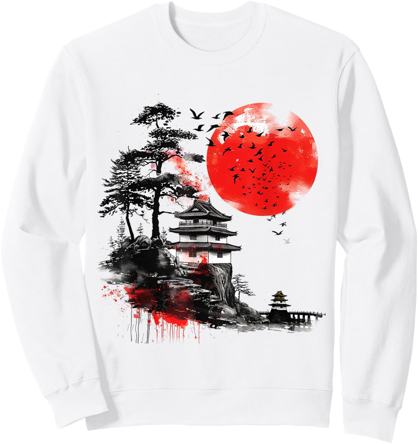 Vintage Cherry Blossom Woodblock Japanese Graphic Art Sweatshirt - Sweatshirt | White