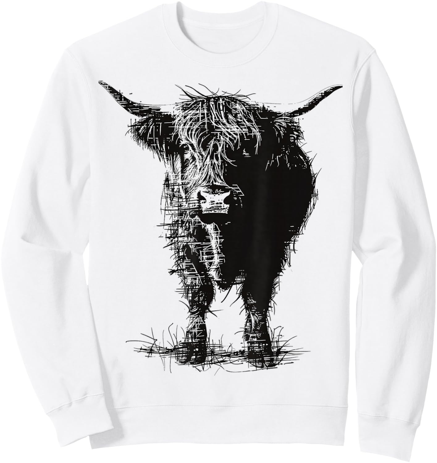 Highland Cow Motif Abstract Drawing Animal Art Highland Cow Sweatshirt - Sweatshirt | White