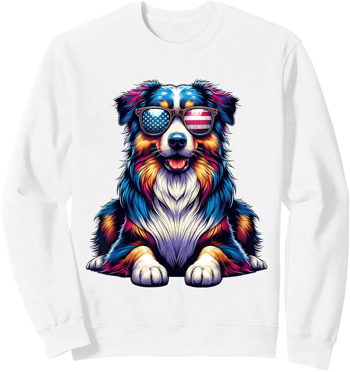 American Flag Awesome Australian Shepherd Dog 4th Of July Sweatshirt - Sweatshirt | White