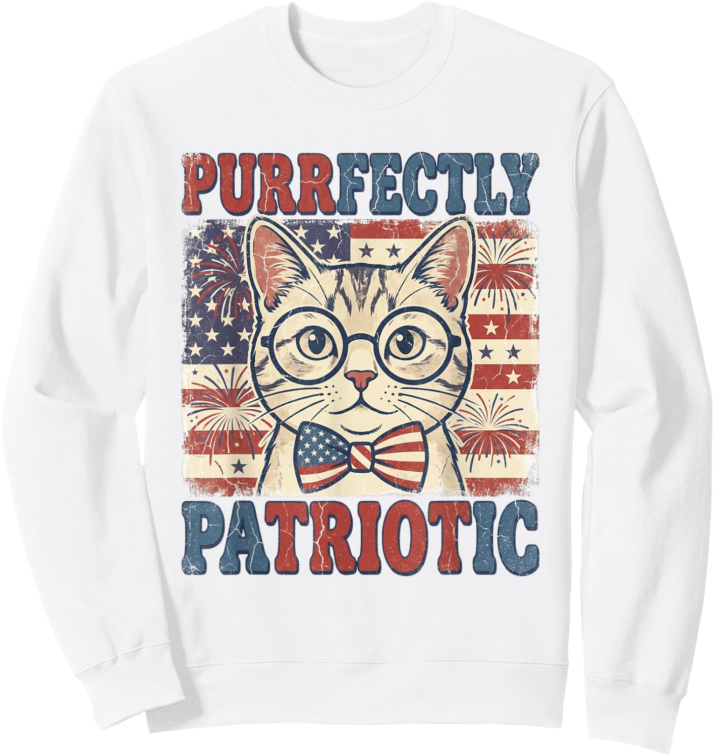 Purrfectly Patriotic Cat Vintage 4th of July Graphic Sweatshirt - Sweatshirt | White
