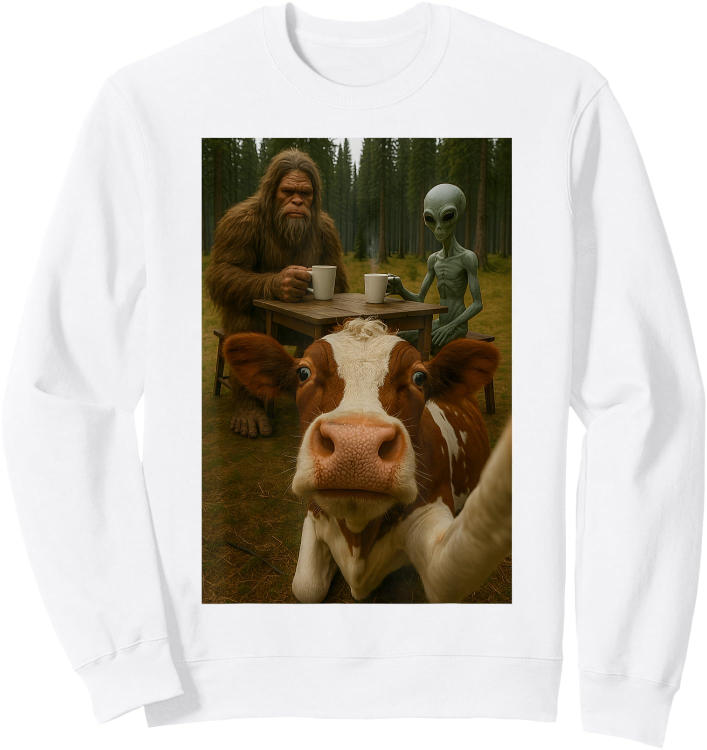Cow Selfie With Bigfoot Alien Sweatshirt - Sweatshirt | White