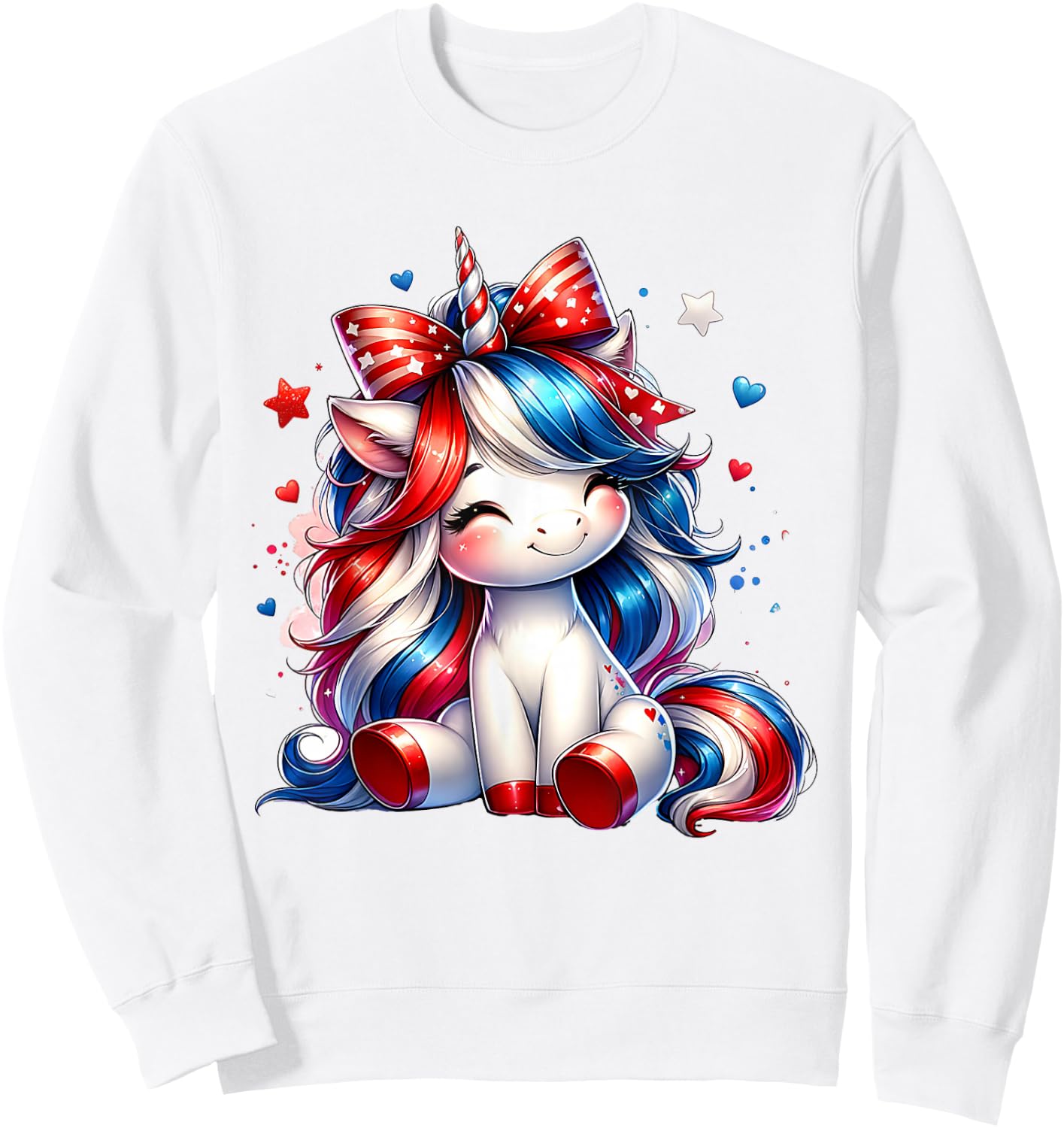 Cute Unicorn 4th Of July Girls Kids American Flag USA Girls Sweatshirt - Sweatshirt | White