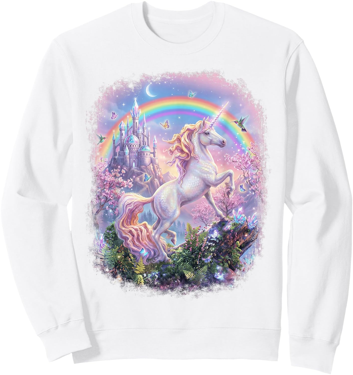 Unicorn Rainbow Castle Magical Graphic Girls Sweatshirt - Sweatshirt | White
