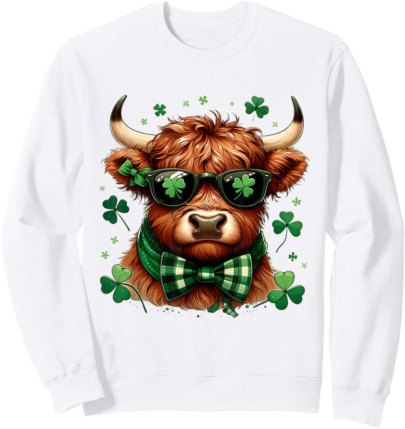 Highland Cow St Patricks Day Lucky Shamrock Men Women Kids Sweatshirt - Sweatshirt | White