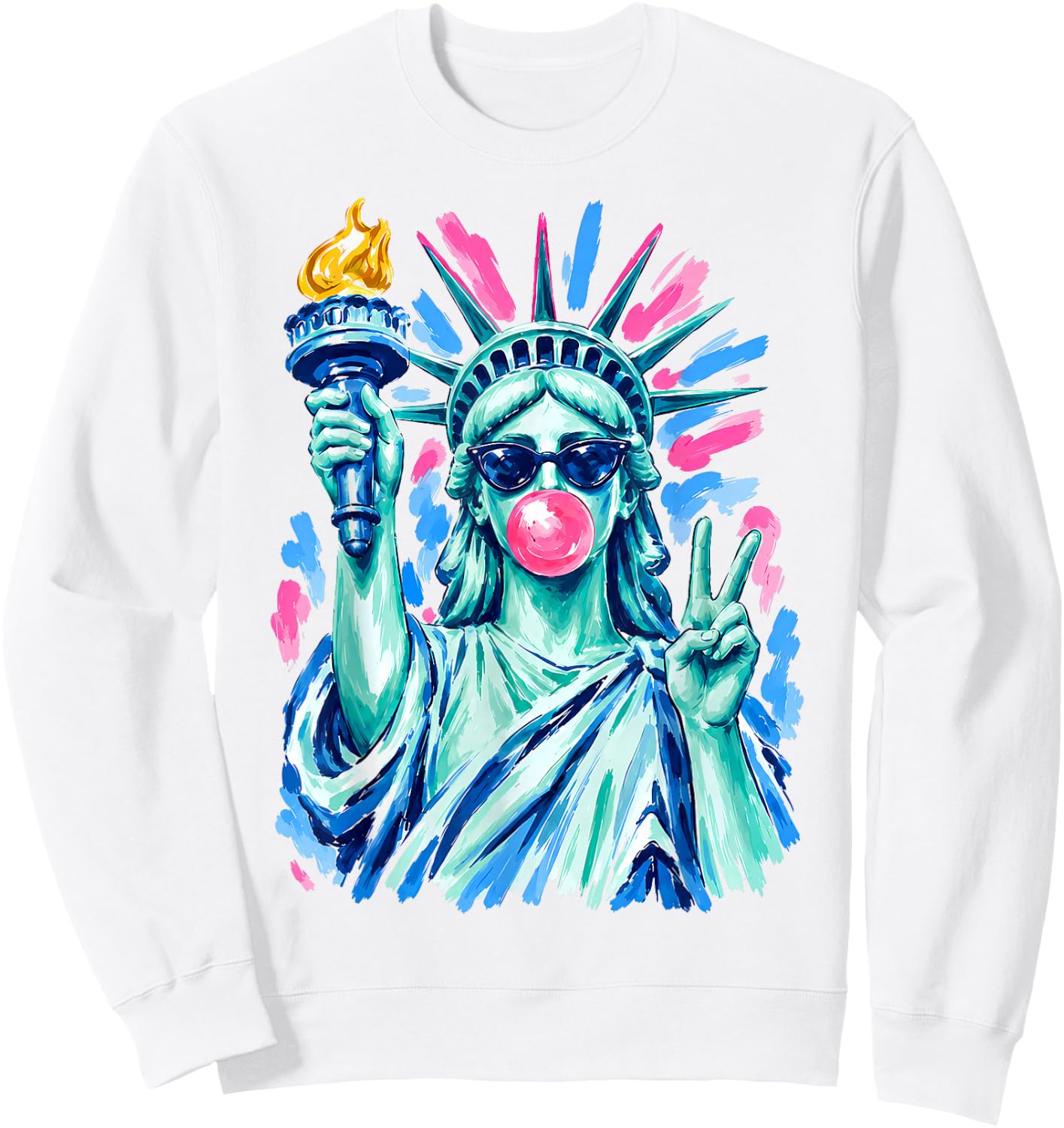 Statue of Liberty Sunglasses Blowing Bubblegum 4th of July Sweatshirt - Sweatshirt | White