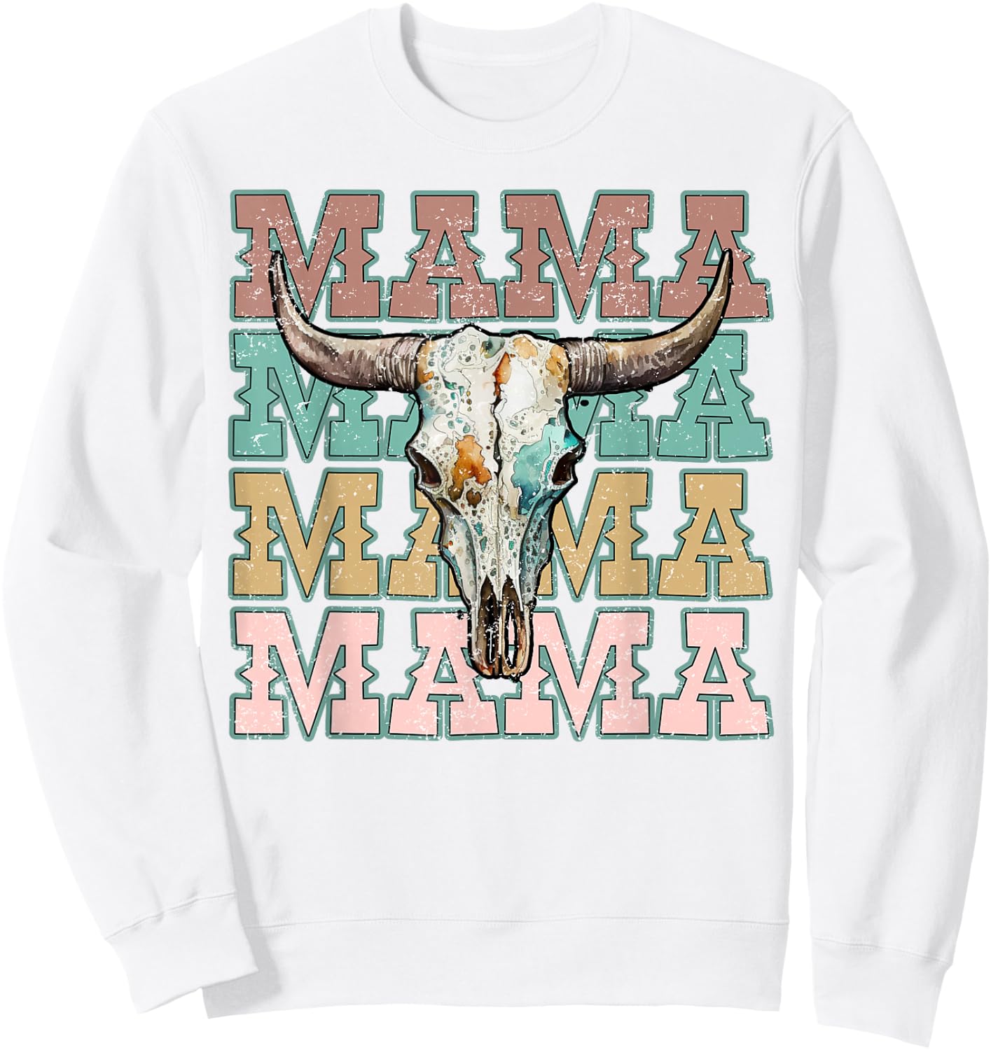Mama Western Mom Retro Bull Skull Cow Skull Mom Sweatshirt - Sweatshirt | White