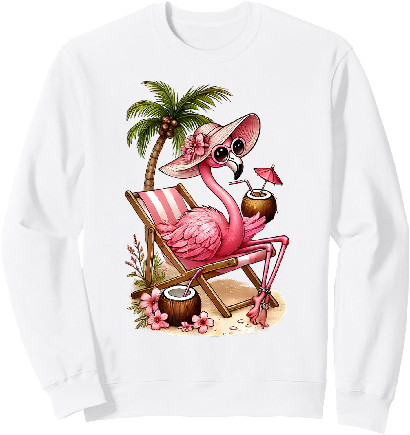 Women's Girls Pink Flamingo Beach Palm Tree Cute Flamingo Sweatshirt - Sweatshirt | White