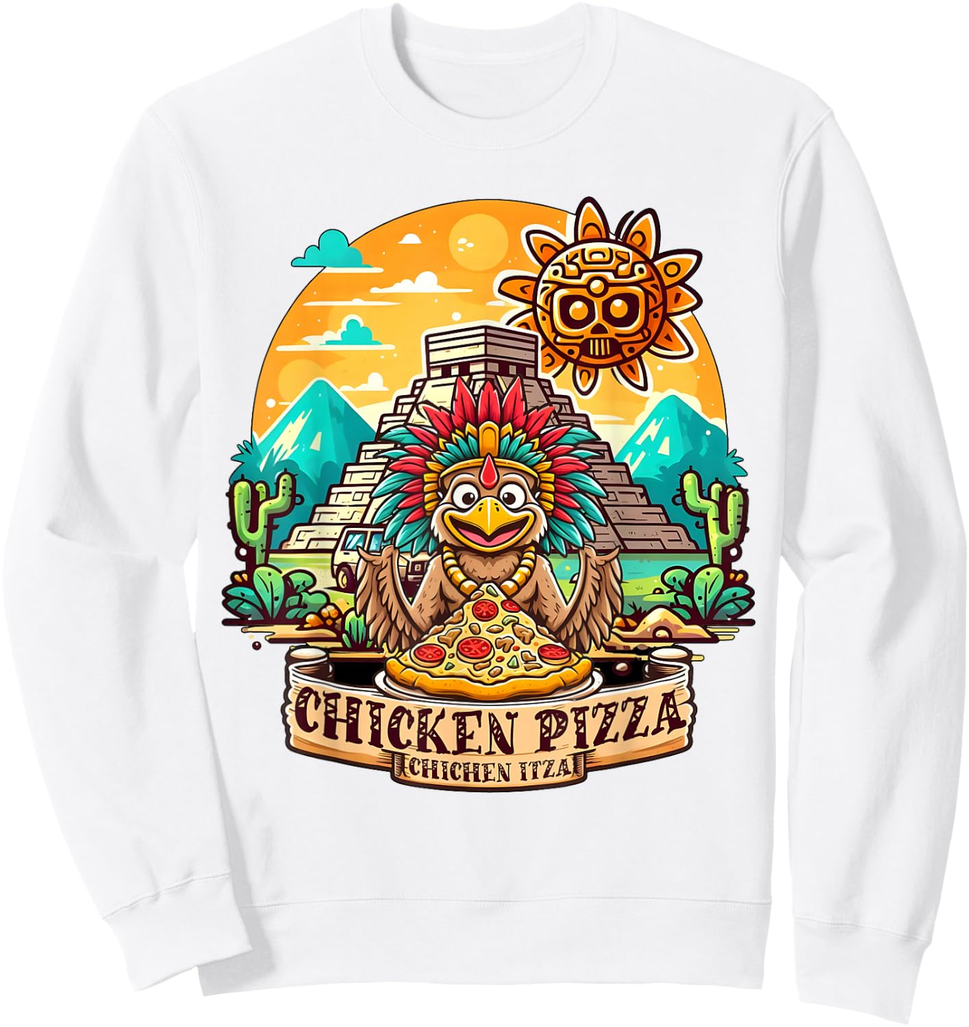 Chichen Itza Chicken Pizza Fun: Quirky Mexico Design Sweatshirt - Sweatshirt | White