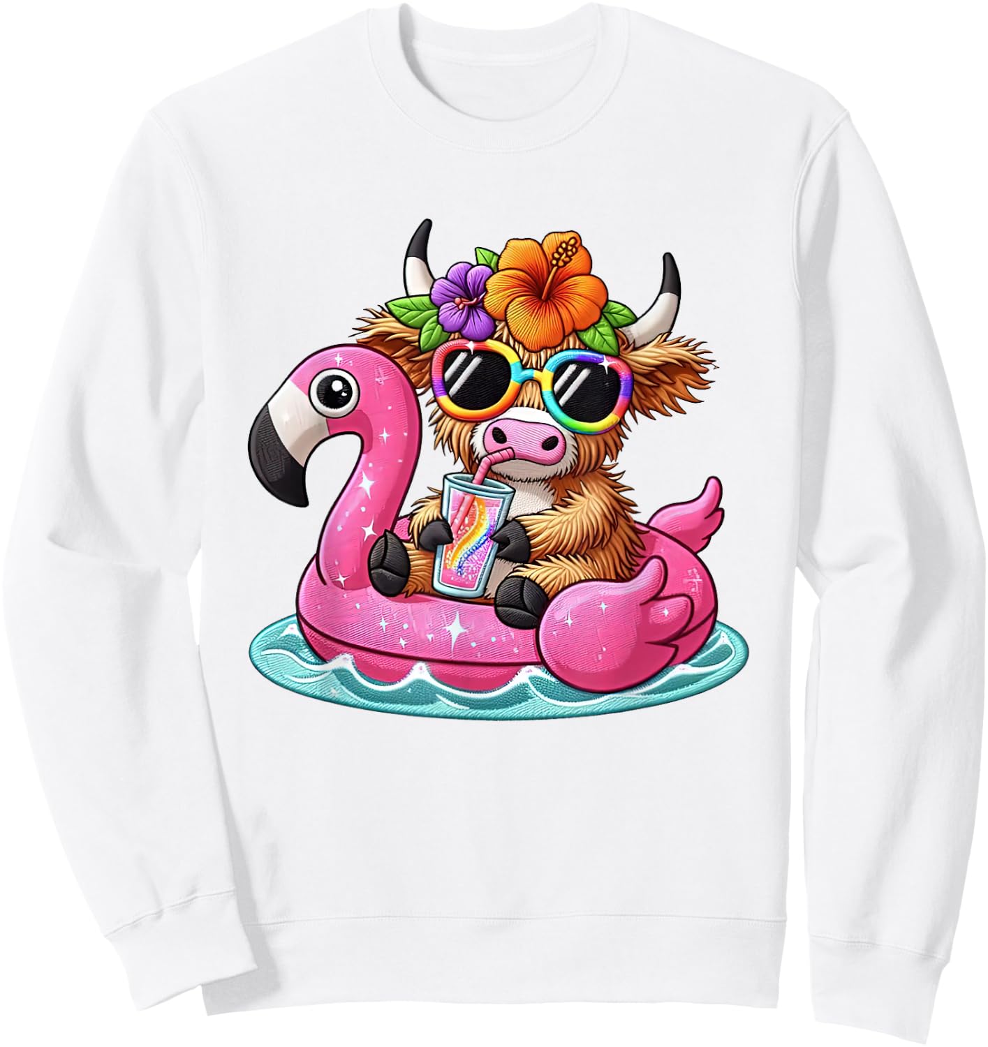 Beach Vibes Sweet Summer Cute Highland Cow Flamingo Float Women Girls Kids Sweatshirt - Sweatshirt | White