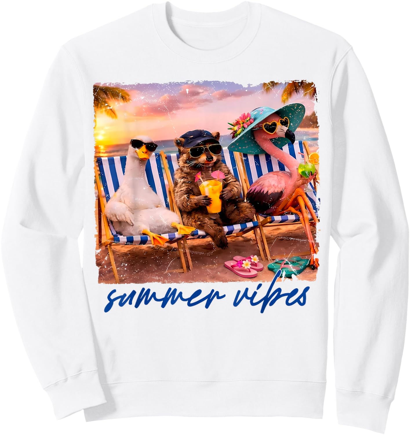 Goose Raccoon Flamingo Summer Vibes Tropical Beach Sunset Sweatshirt - Sweatshirt | White