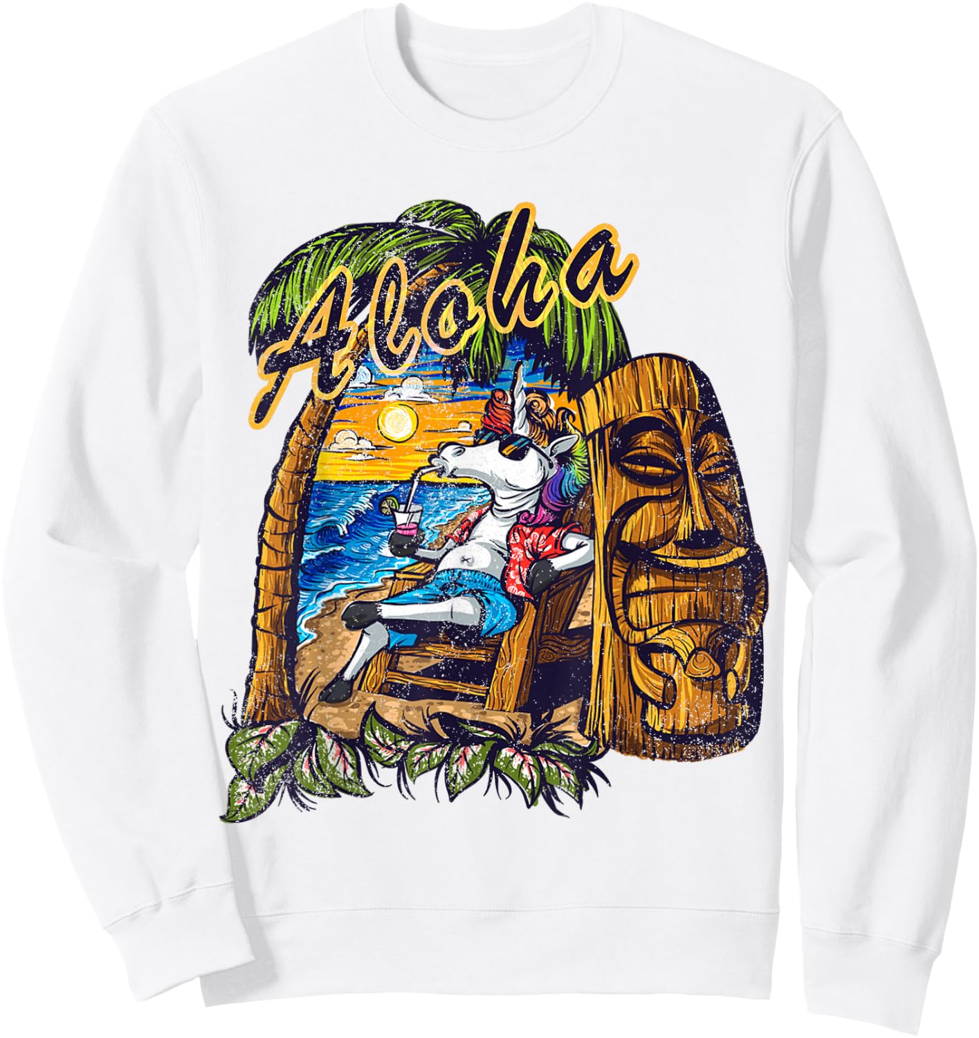 Aloha Hawaii Hawaiian Unicorn Tiki Surf Distressed Sweatshirt - Sweatshirt | White