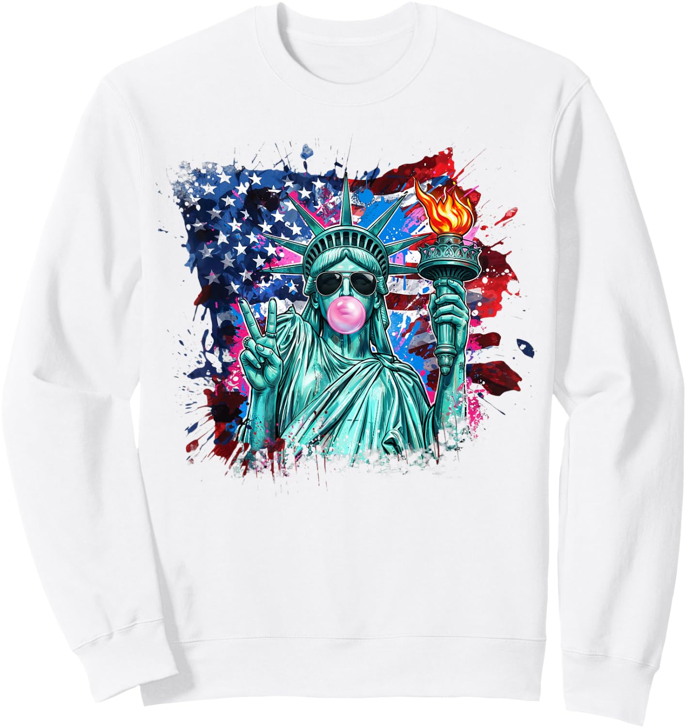 Brushstroke Statue of Liberty Blowing Bubble Gum 4th of July Sweatshirt - Sweatshirt | White