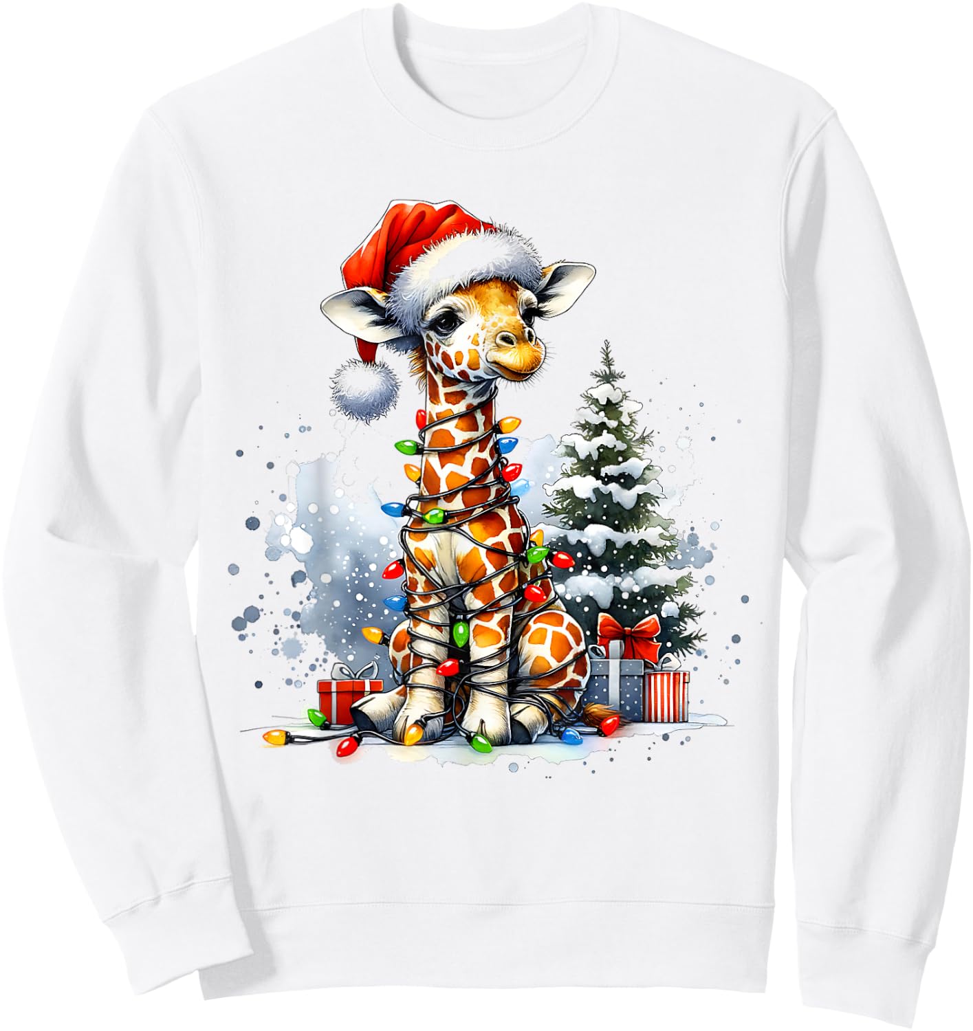 Cute Festive Giraffe Santa Hat Christmas Lights Snow Winter Sweatshirt - Sweatshirt | White