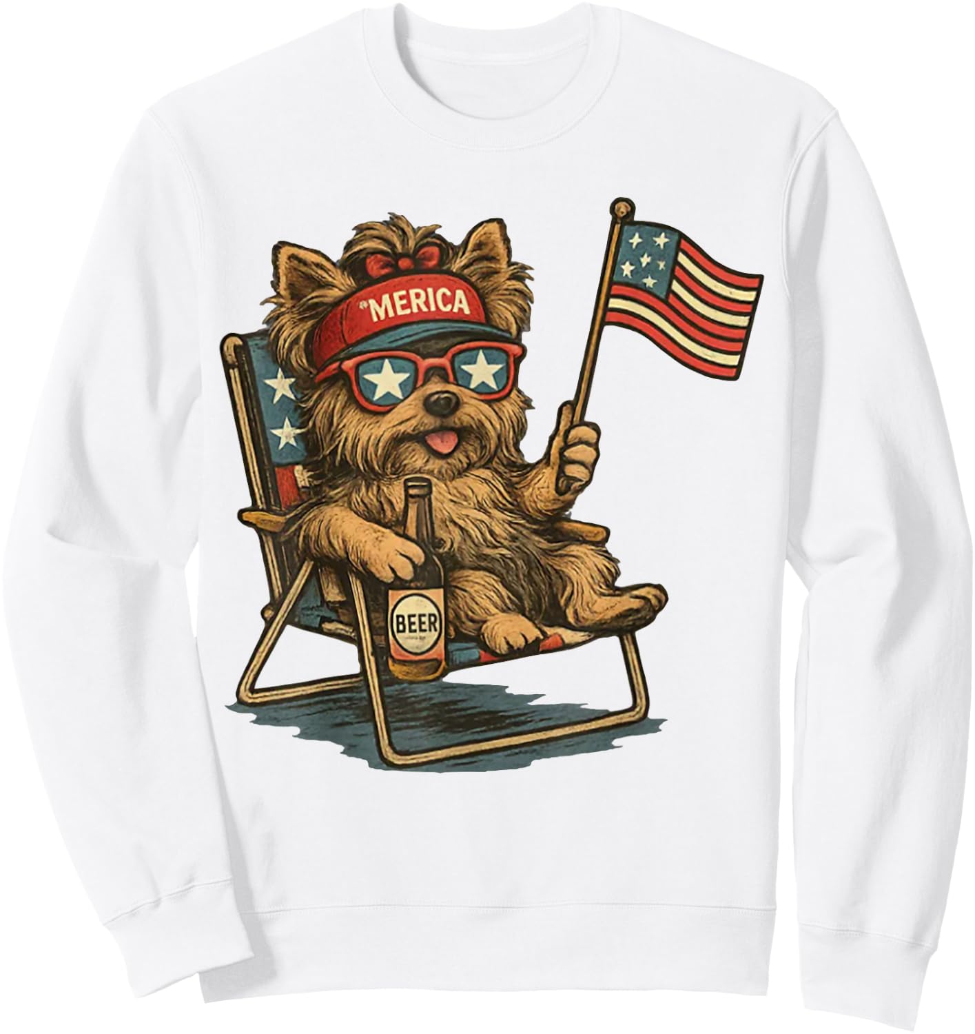 Patriotic Yorkie Dog Drinking Beer American Flag 4th of July Sweatshirt - Sweatshirt | White