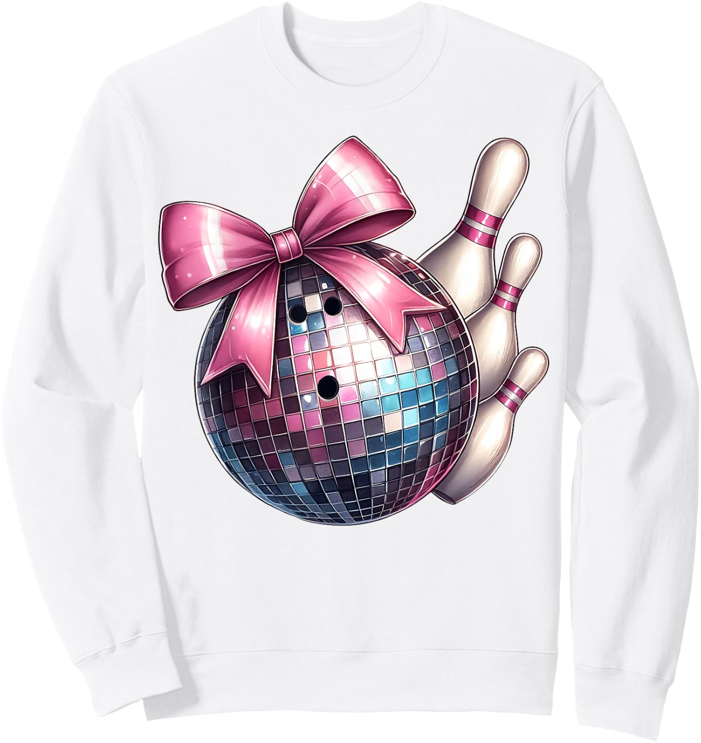 Coquette Bow Bowling Ball Pins Checkered Disco Bowler Mom Sweatshirt - Sweatshirt | White