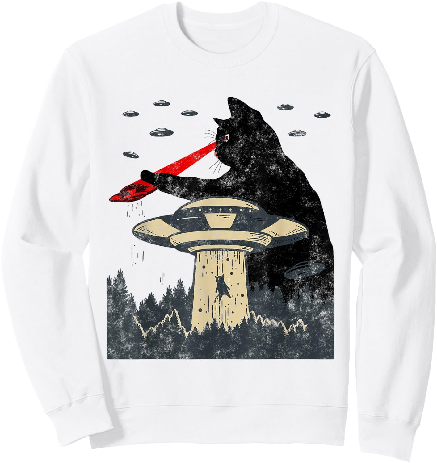Alien UFO Abduction Laser Eye Funny Cat Sweatshirt - Sweatshirt | White