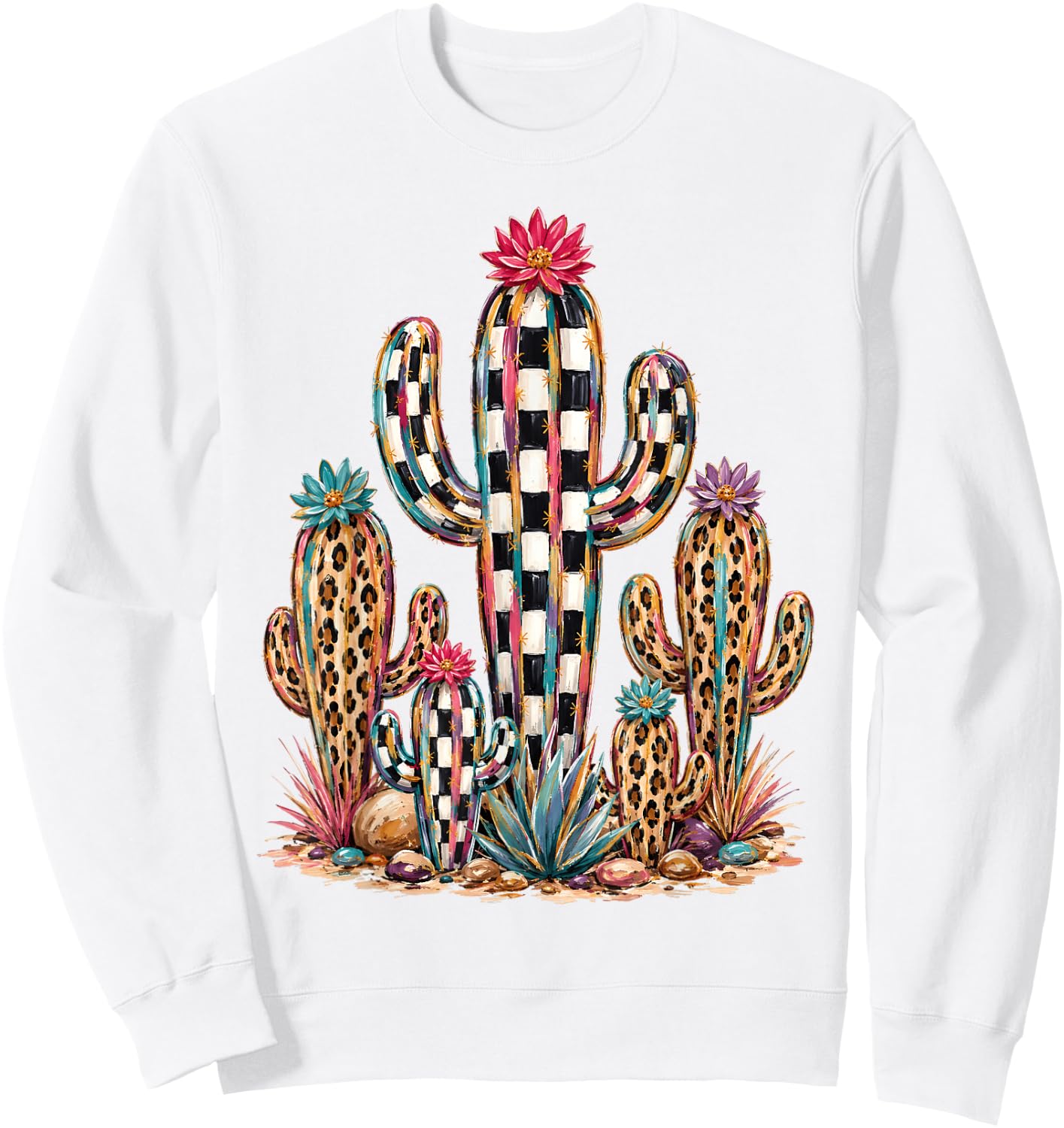 Leopard Checkerboard Cactus Western Desert Graphic Sweatshirt - Sweatshirt | White