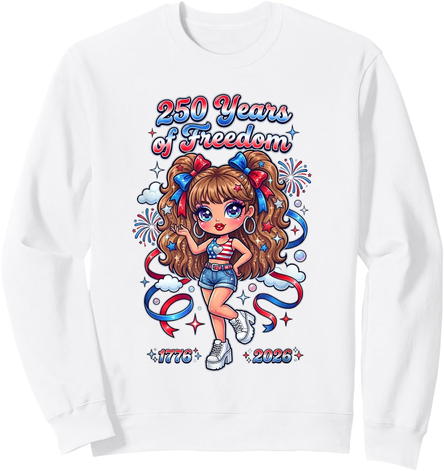 Y2K Red White Blue Bow Girl Celebration Artwork Sweatshirt - Sweatshirt | White
