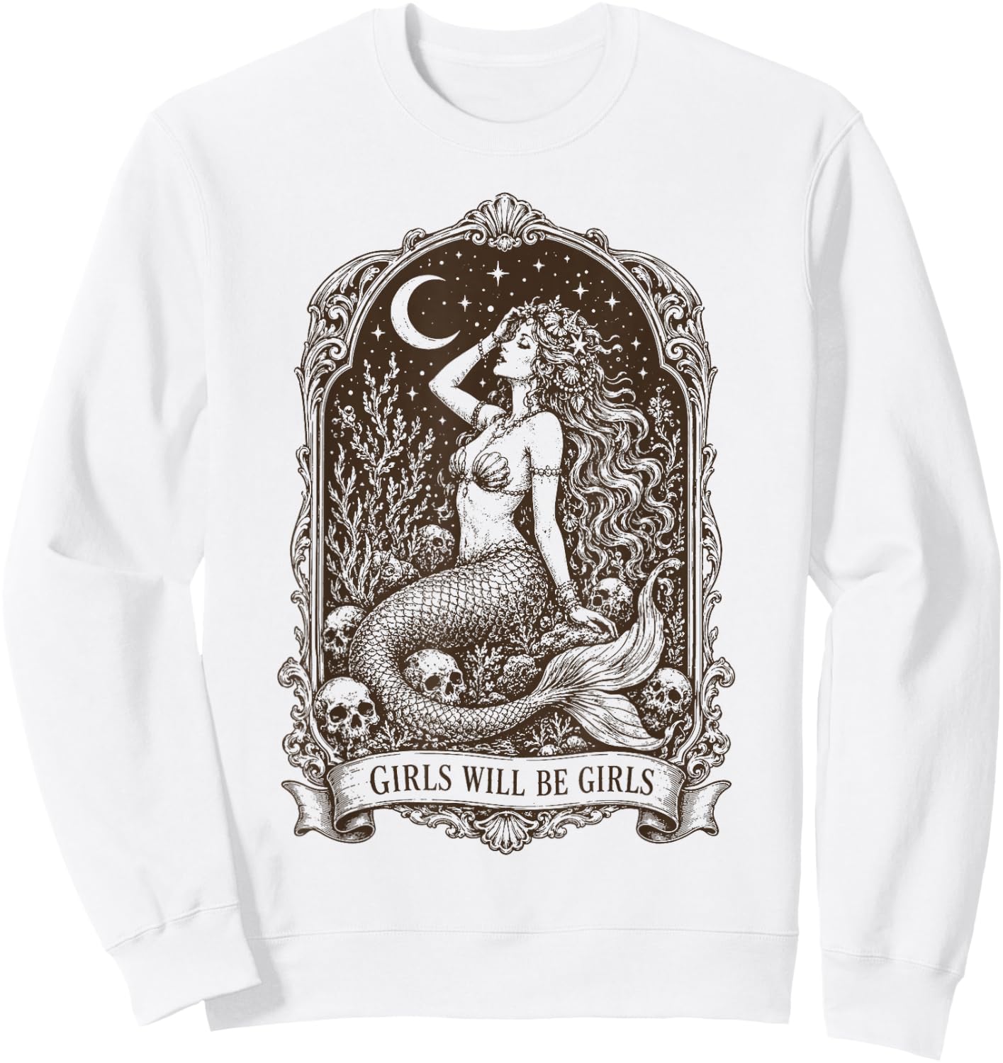Retro Girls Will Be Girls Mermaid Skull Moon Stars Sweatshirt - Sweatshirt | White