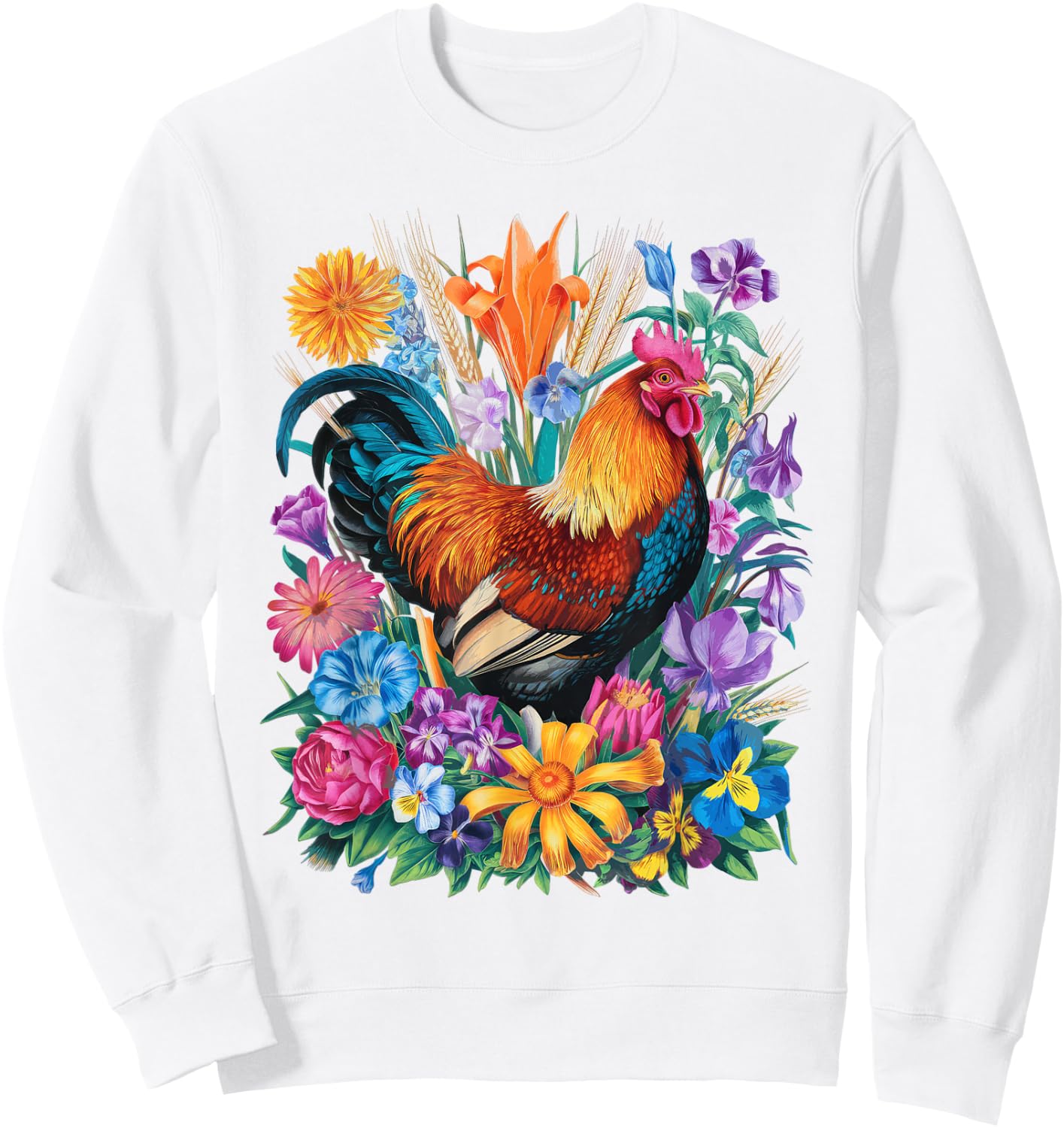 Chicken Floral Art Graphic Women Farm Chicken Lover Colorful Sweatshirt - Sweatshirt | White