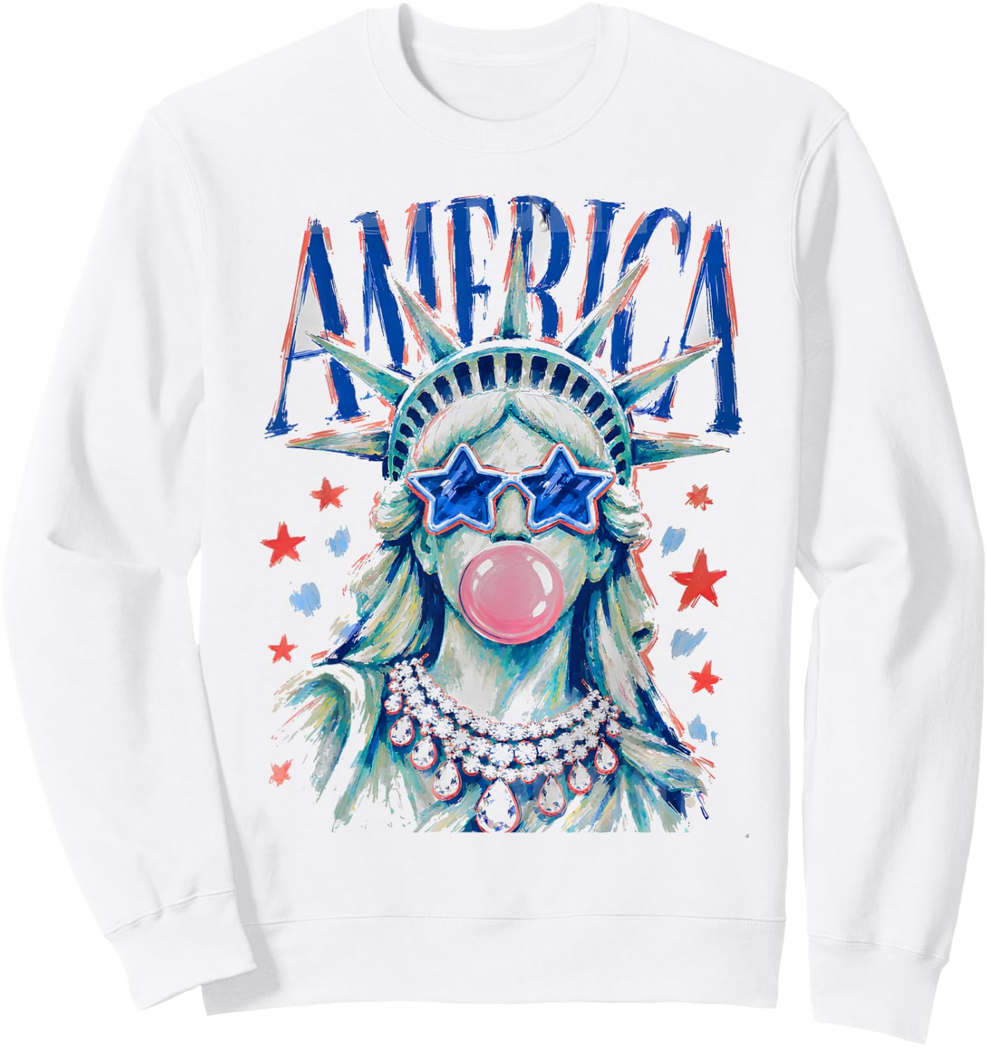 Brushstroke Statue of Liberty Blowing Bubble Gum 4th of July Sweatshirt - Sweatshirt | White