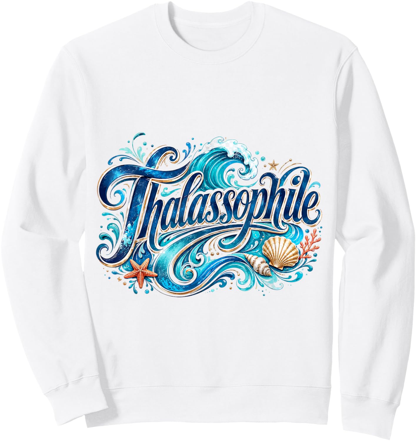 Thalassophile Sea Waves and Seashell Art Sweatshirt - Sweatshirt | White