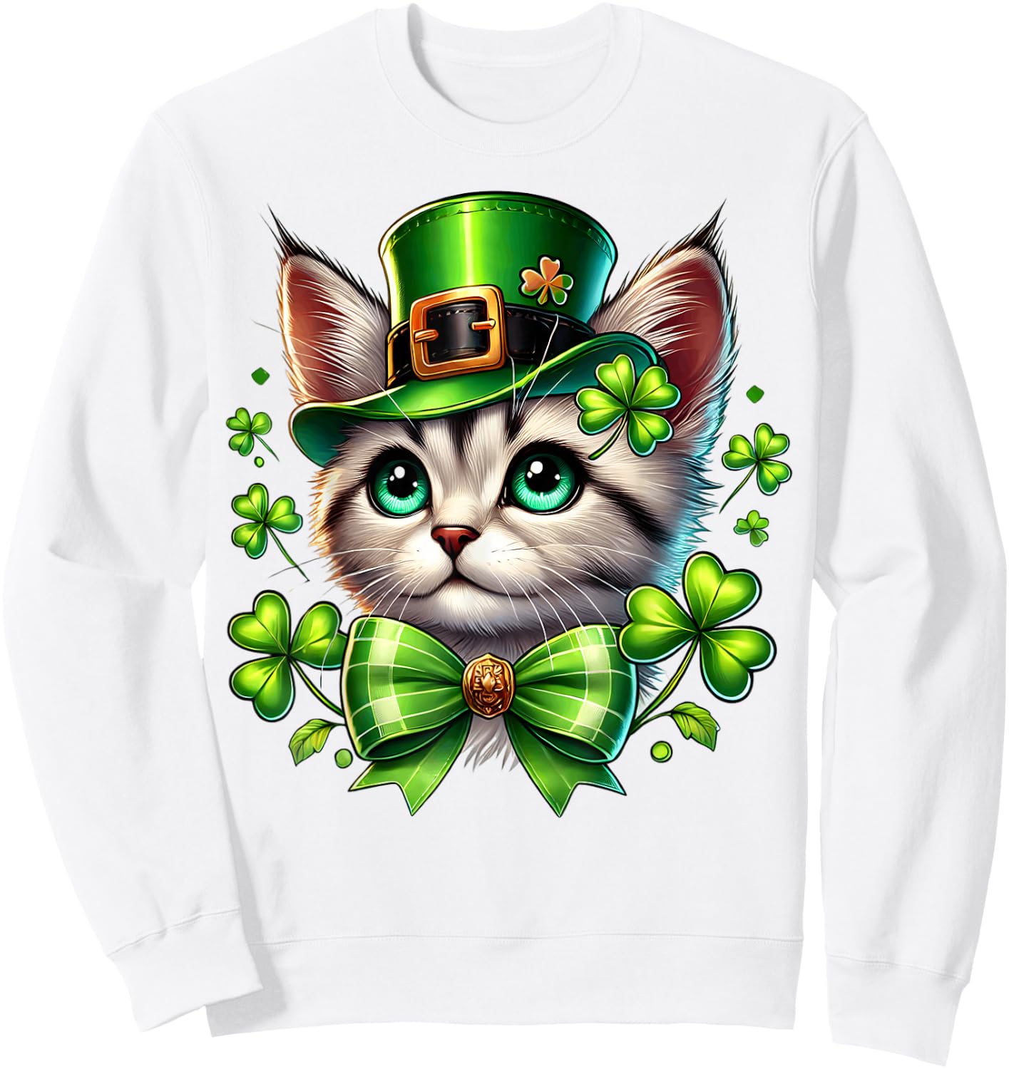 Leprechaun Cat St Patricks Day Coquette Bow Shamrock Graphic Sweatshirt - Sweatshirt | White