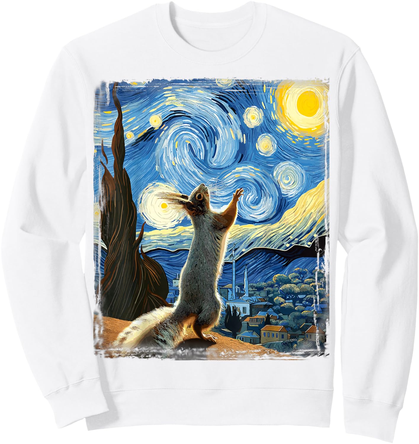 Van Gogh Style Starry Night Squirrel Sweatshirt - Sweatshirt | White