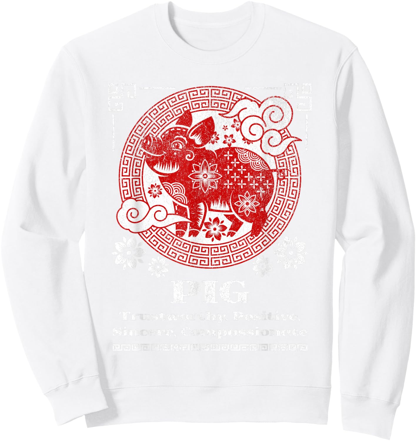 Chinese Zodiac Pig - Red, Small, Short Sleeve, Mandarin Collar, -Adult Sweatshirt - Sweatshirt | White