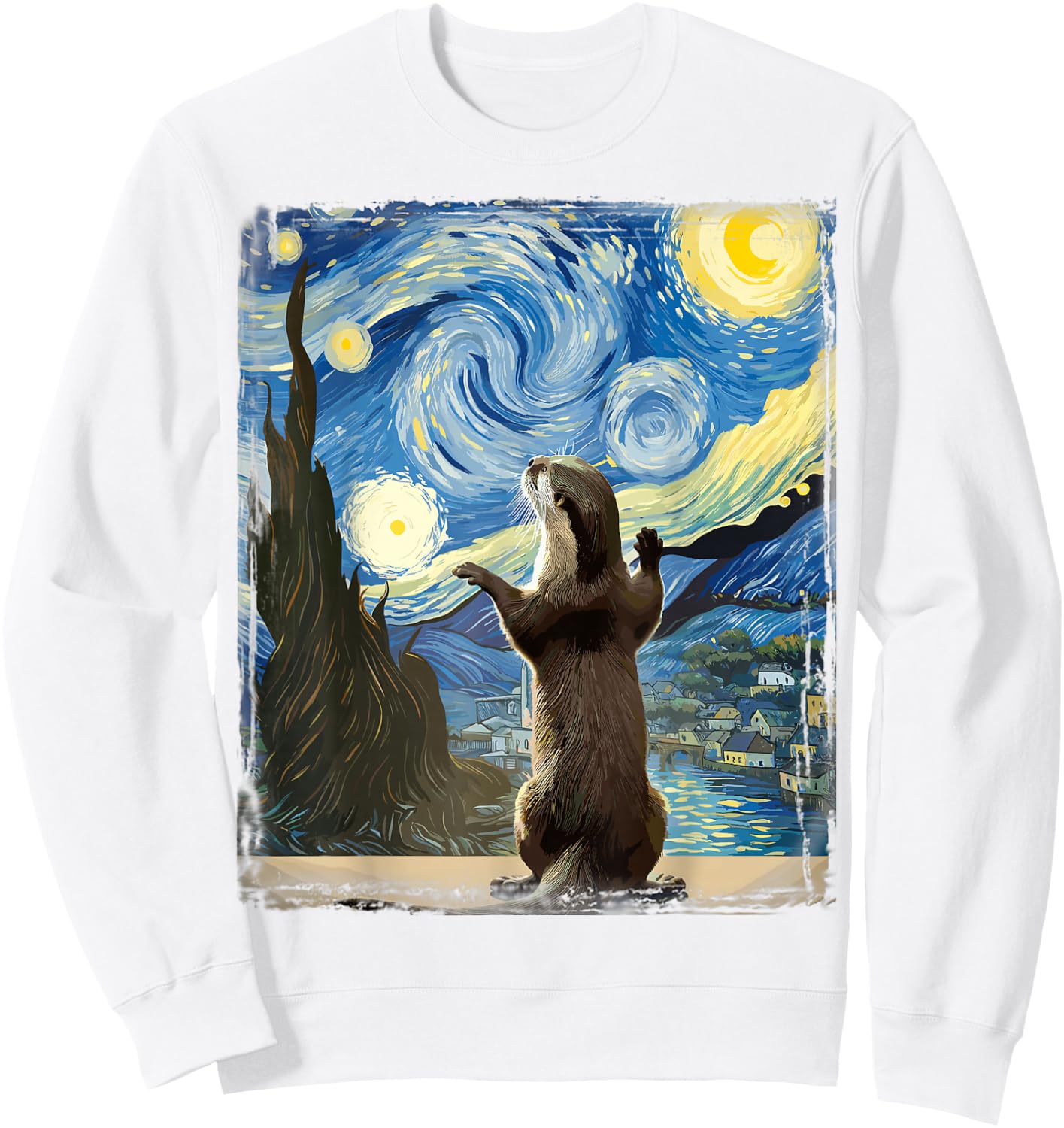 Van Gogh Style Starry Night Otter Sweatshirt - Sweatshirt | White