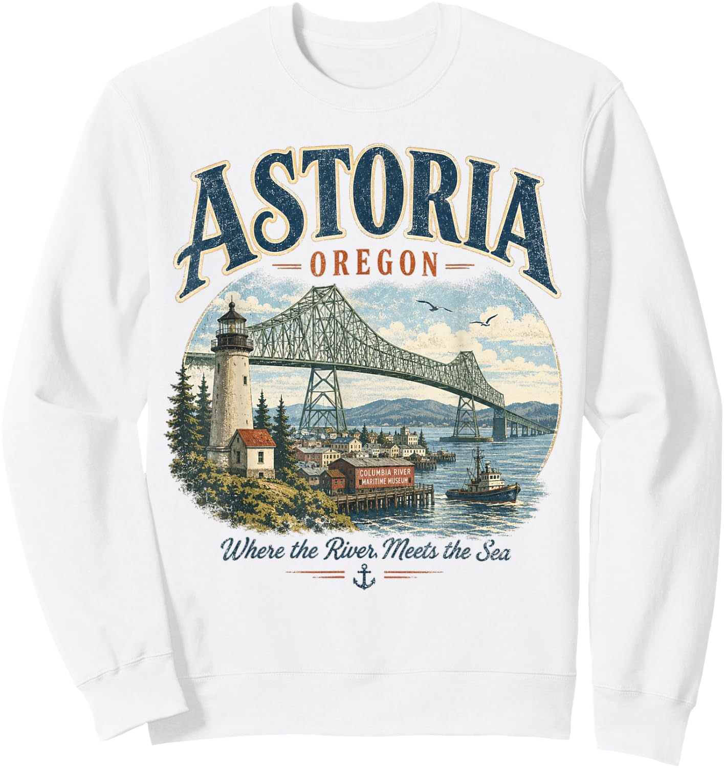 Astoria Oregon- Vintage Columbia River Lighthouse & Bridge Sweatshirt - Sweatshirt | White
