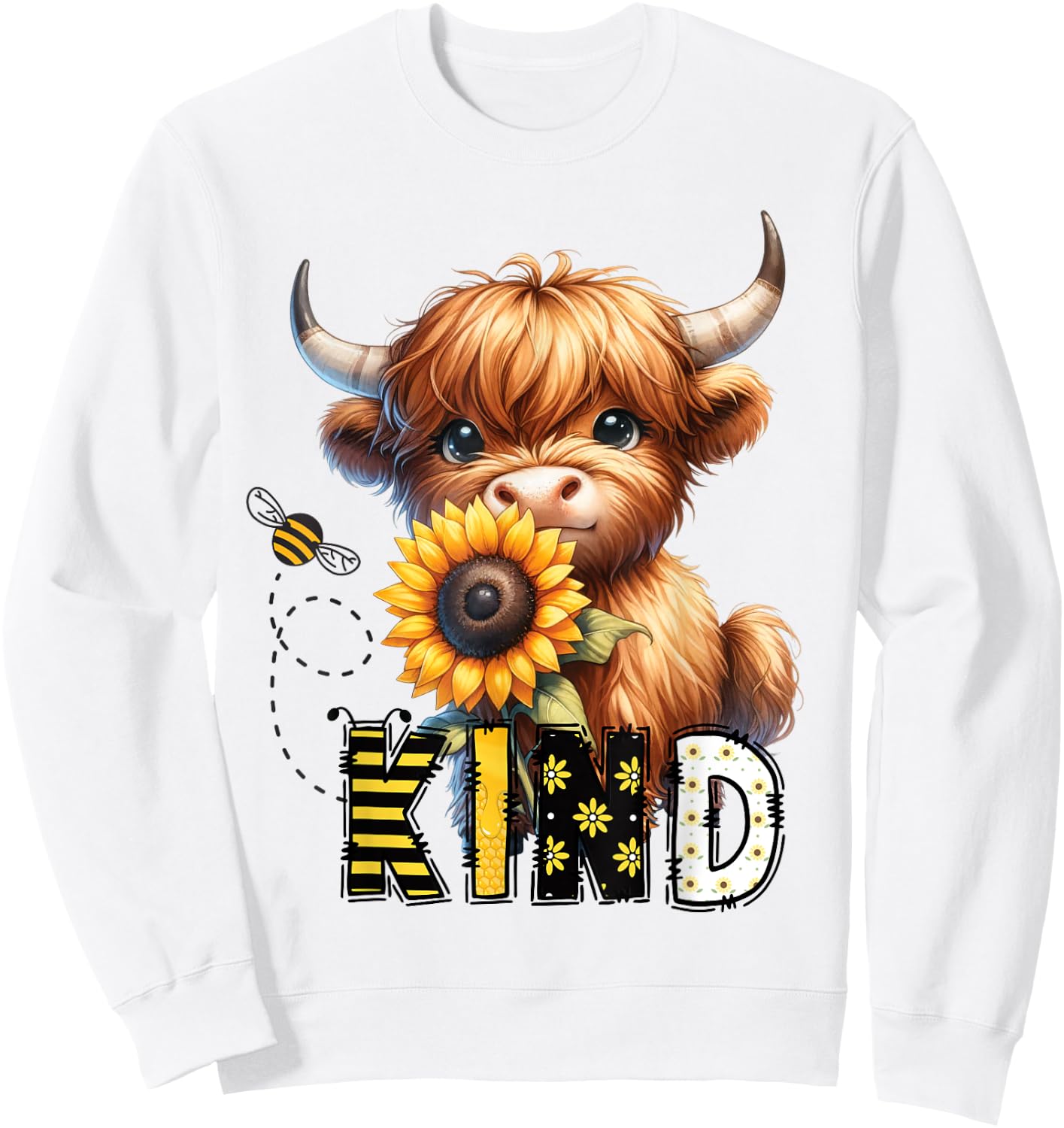 Be Kind Adorable Highland Cow Sunflower Affirmation Kindness , white, S Sweatshirt - Sweatshirt | White