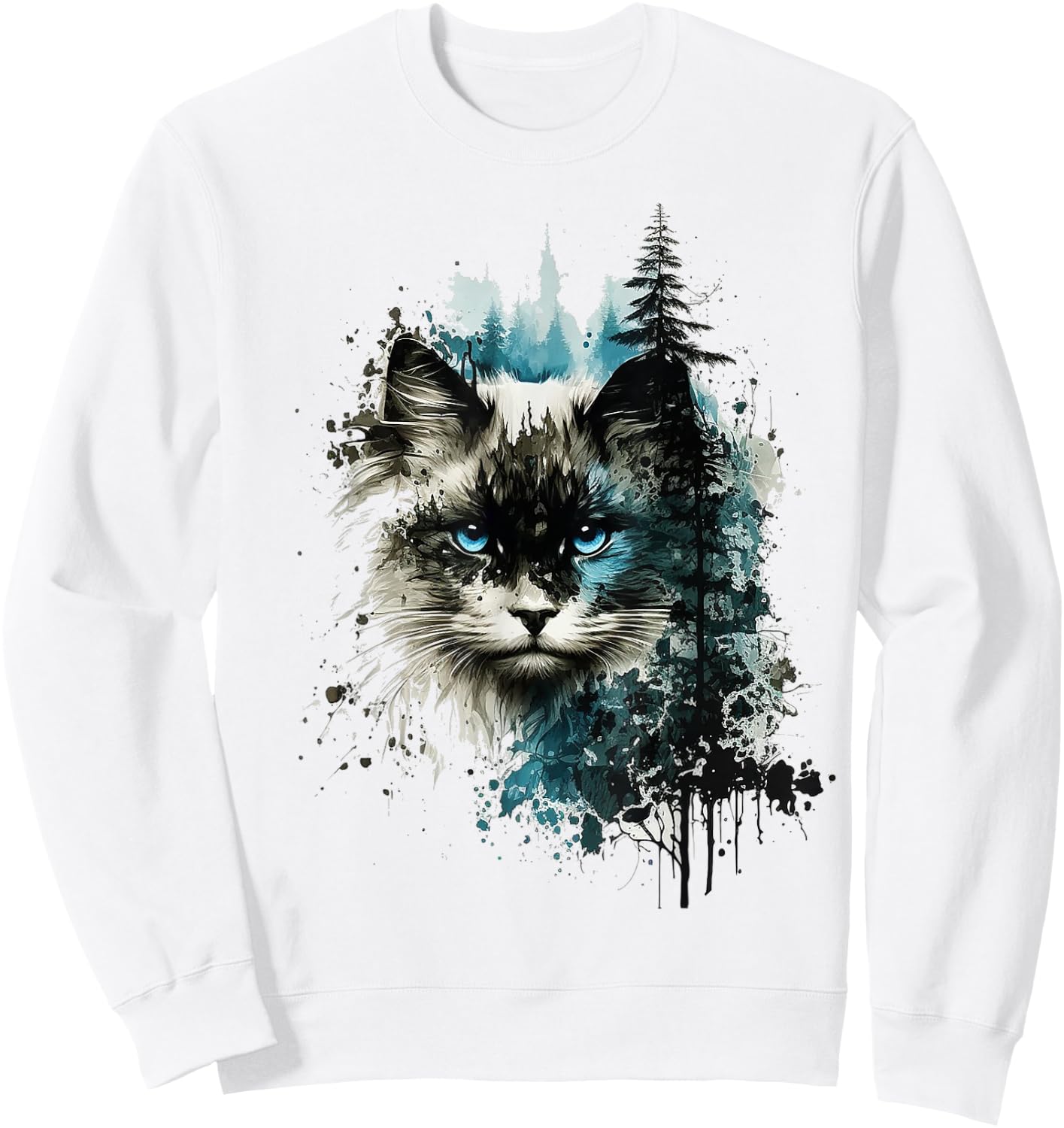 Cat Blue Eyes Cat Pattern Art Forest Animal Cat Sweatshirt - Sweatshirt | White
