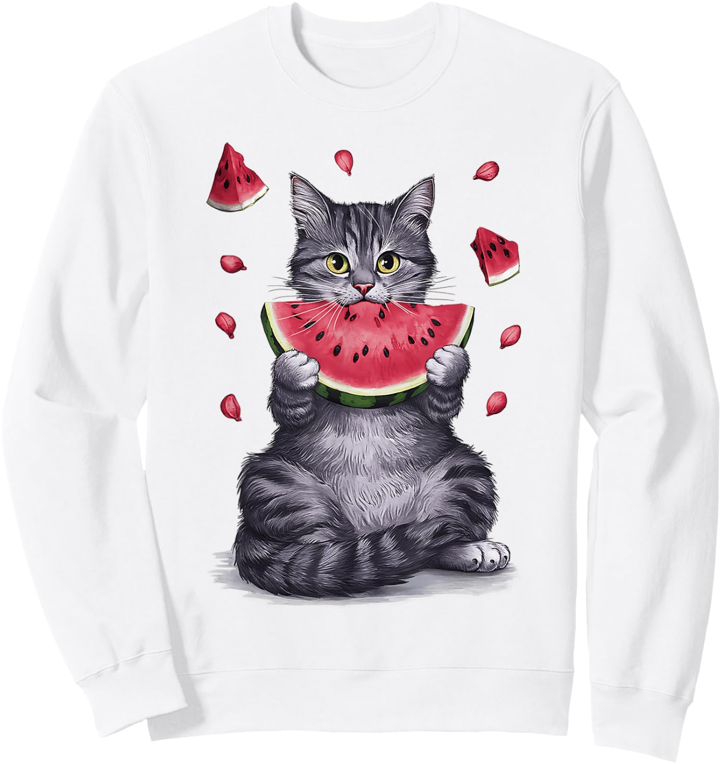 Cute Cat Eating Watermelon Fruit Summer Men Women Girls Sweatshirt - Sweatshirt | White