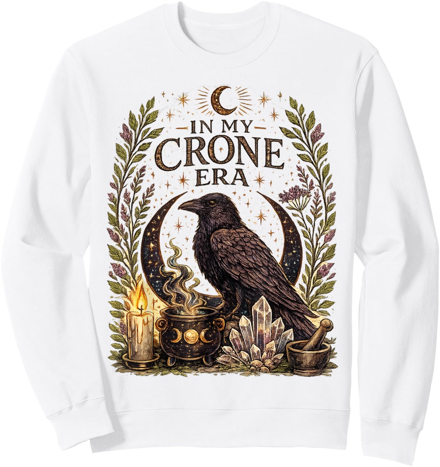 in My Crone Era Witchy Raven Cauldron Goth Witch Sweatshirt - Sweatshirt | White