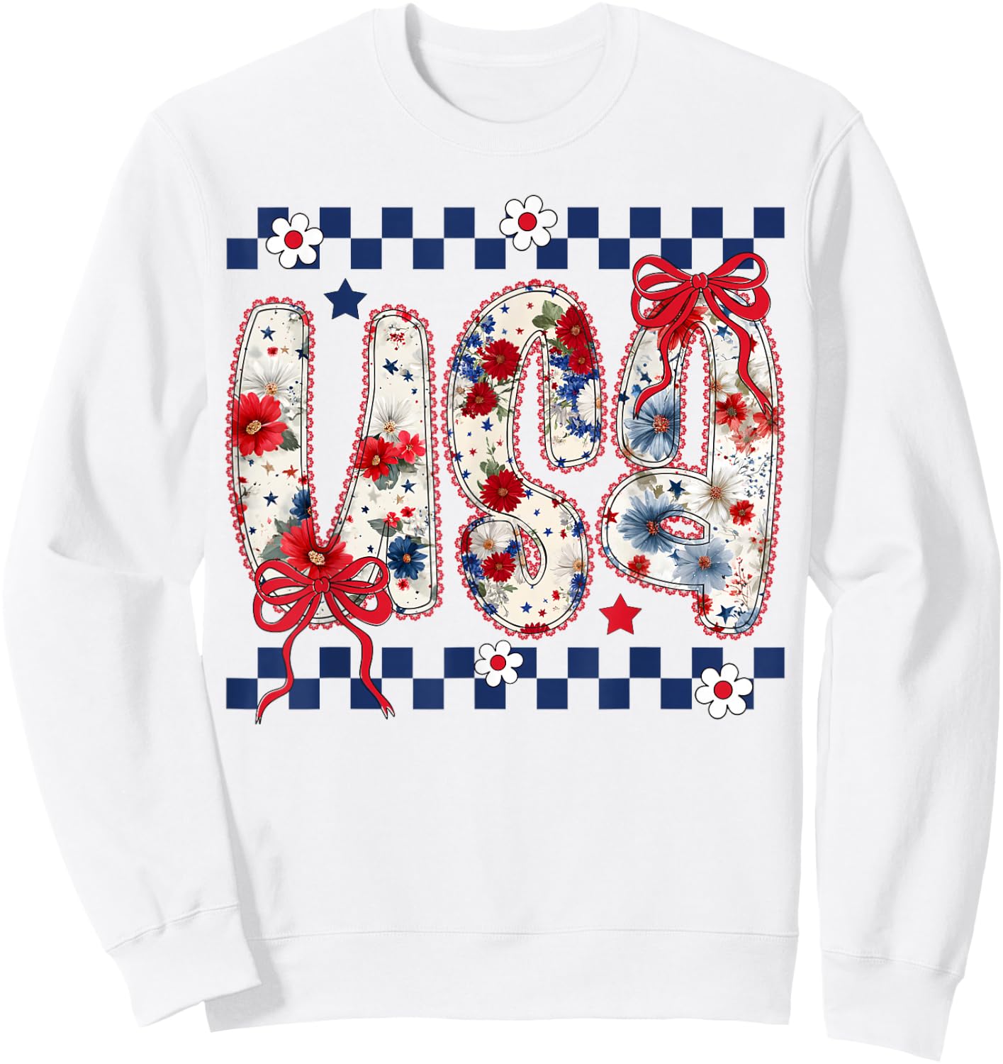 Cute USA Bow Floral Coquette 4th of July Girls Sweatshirt - Sweatshirt | White