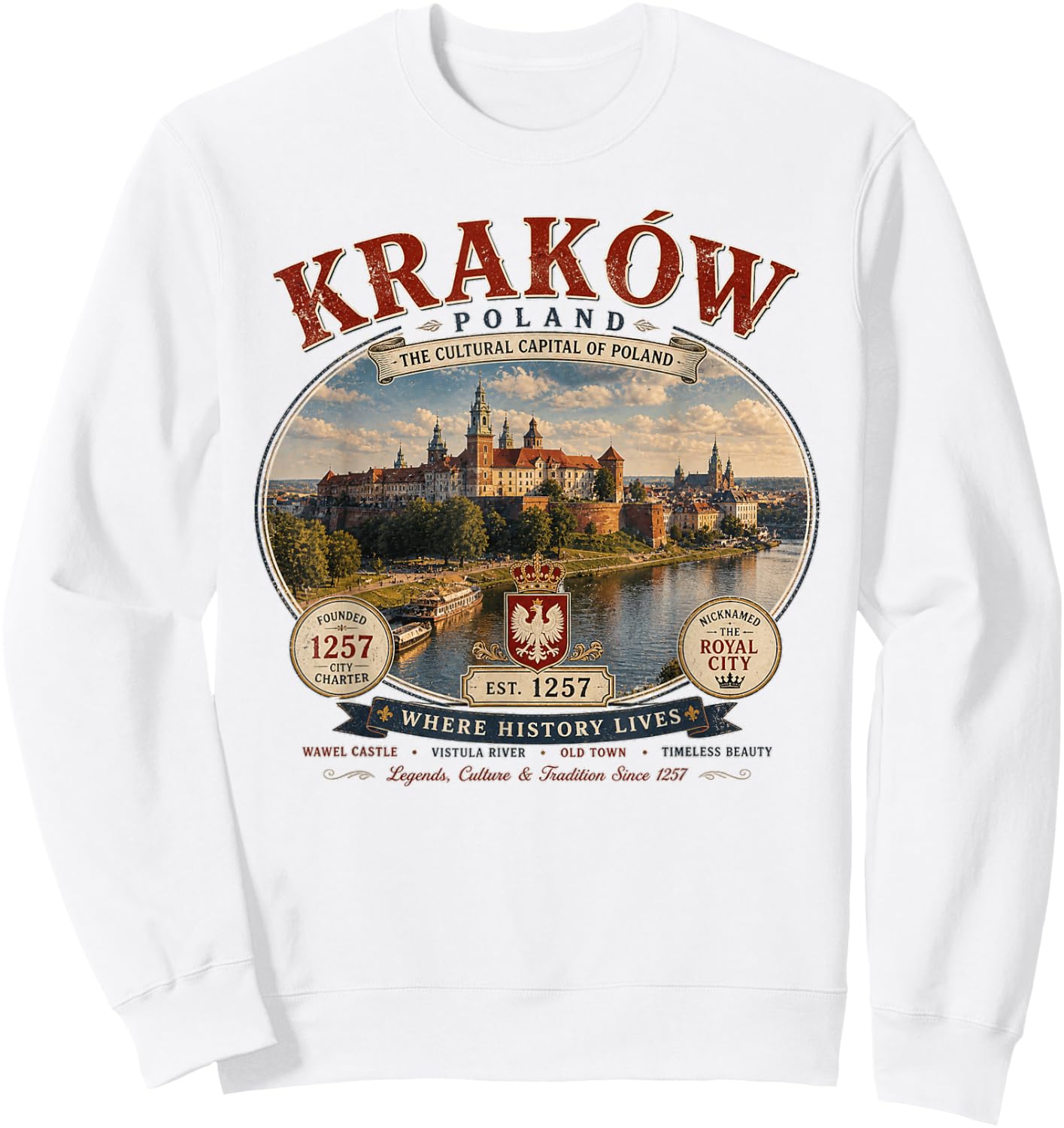 Krakow Poland Since 1257 Vintage Logo Sweatshirt - Sweatshirt | White
