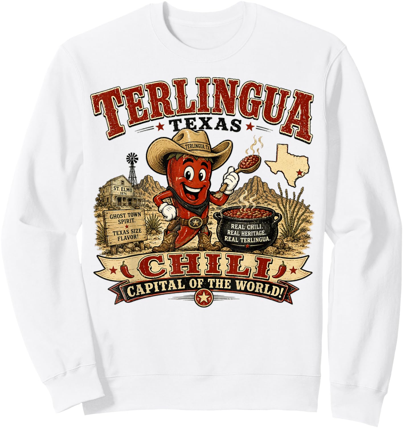 Terlingua Texas Chili Capital - Vintage Chili Pepper Mascot Sweatshirt - Sweatshirt | White