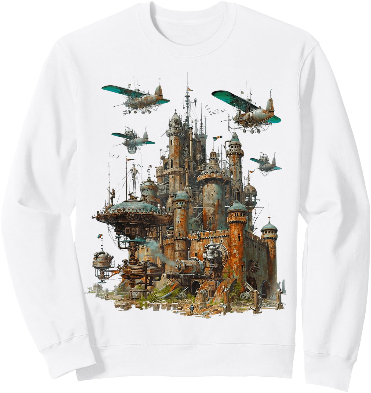 Steampunk Castle With Planes Vintage , white, S Sweatshirt - Sweatshirt | White