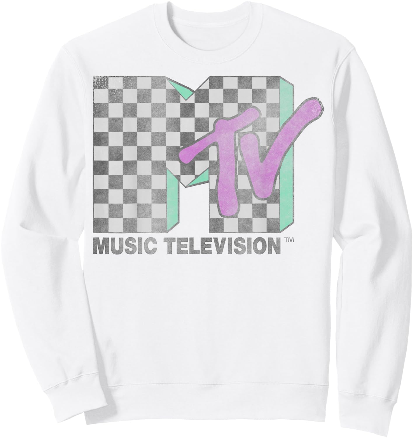 MTV Checkered Distressed Retro Logo Short Sleeve Sweatshirt - Sweatshirt | White