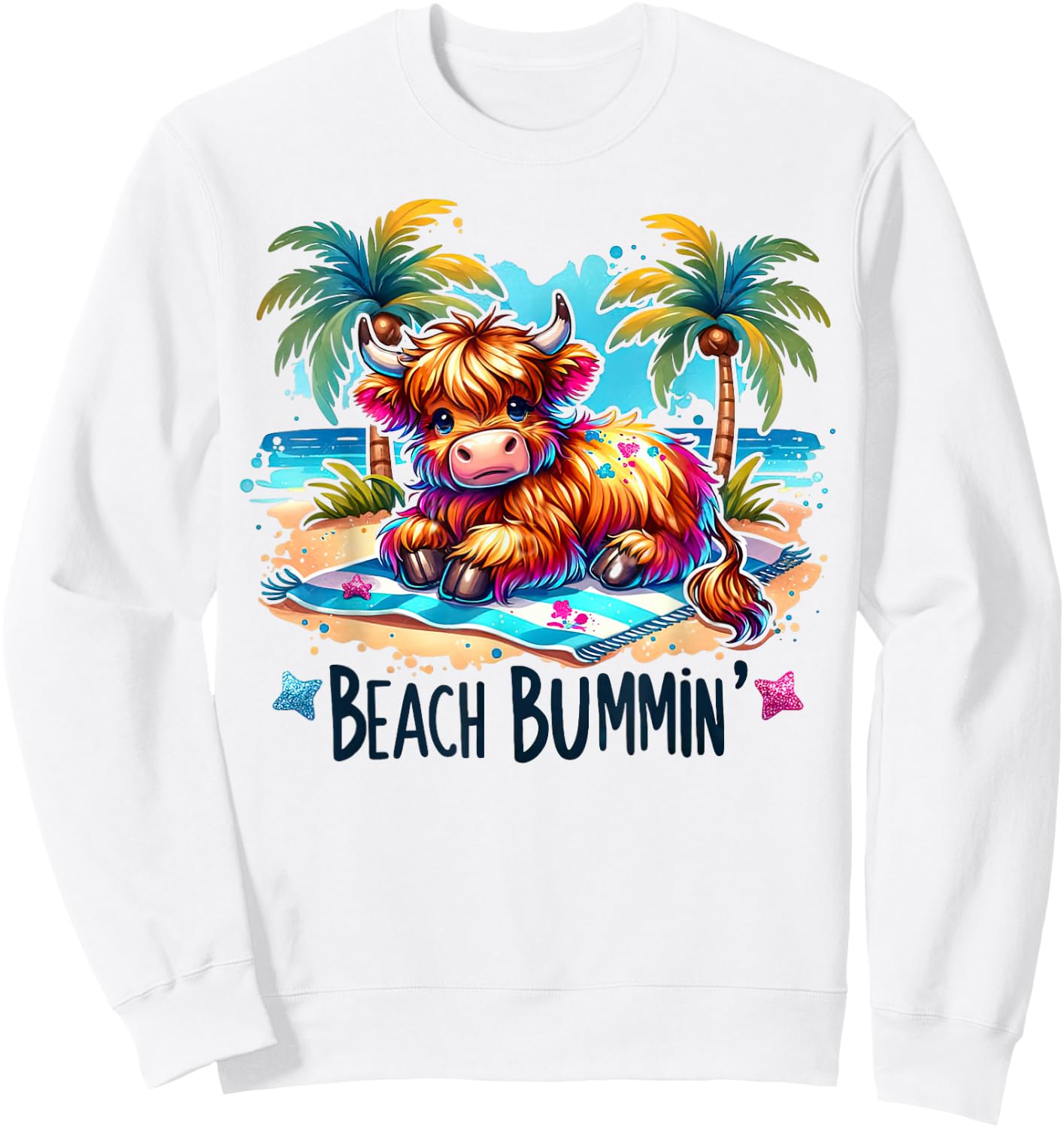 Funny Summer Heifer Cow Beach Bumming Highland Cow Sweatshirt - Sweatshirt | White